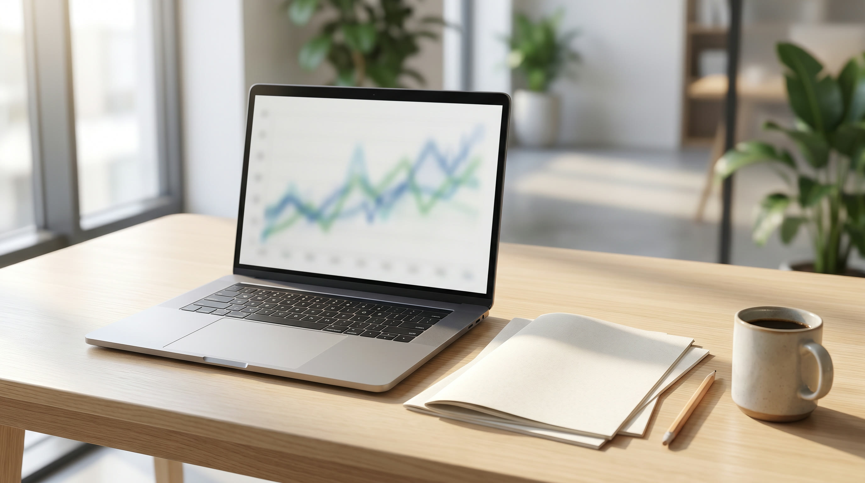 Analyst studying a search performance dashboard with charts on a monitor