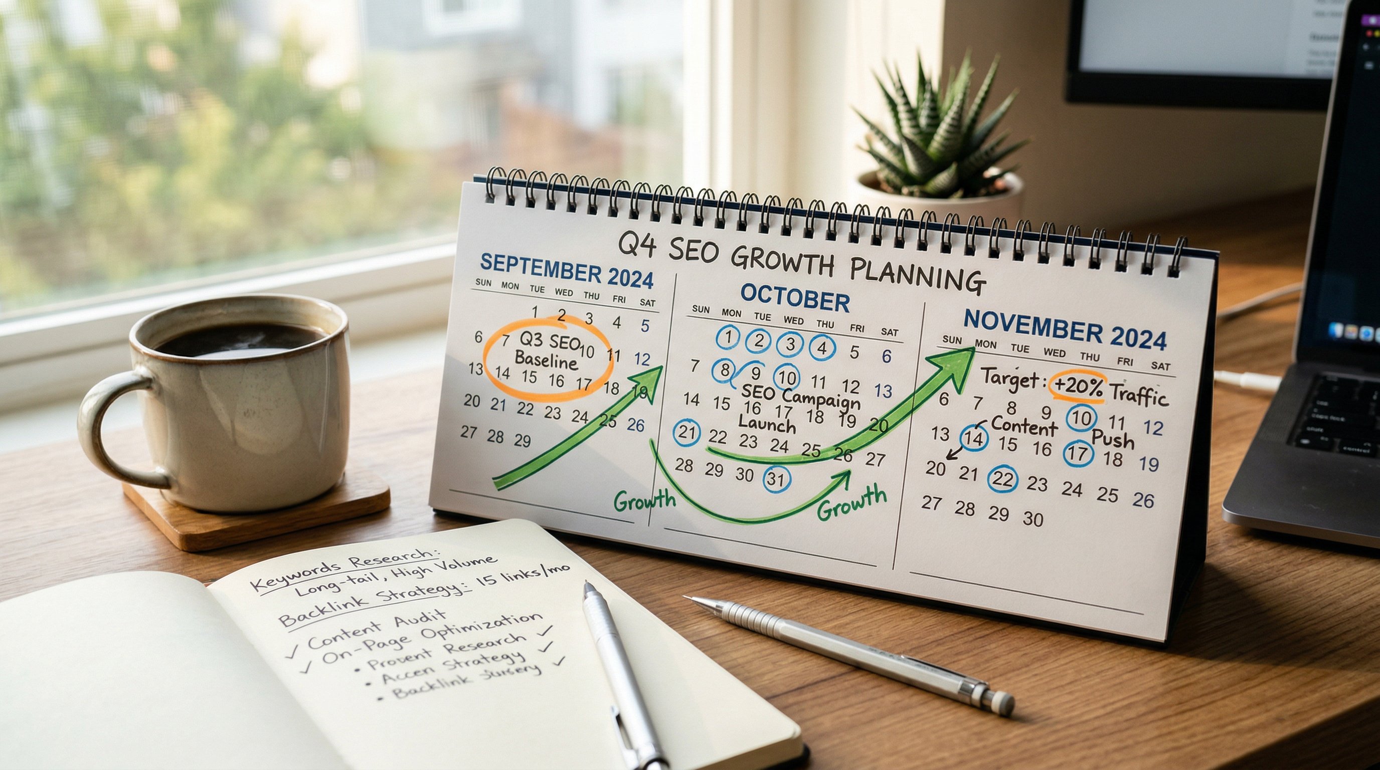Calendar with months highlighted showing SEO growth planning notes on desk