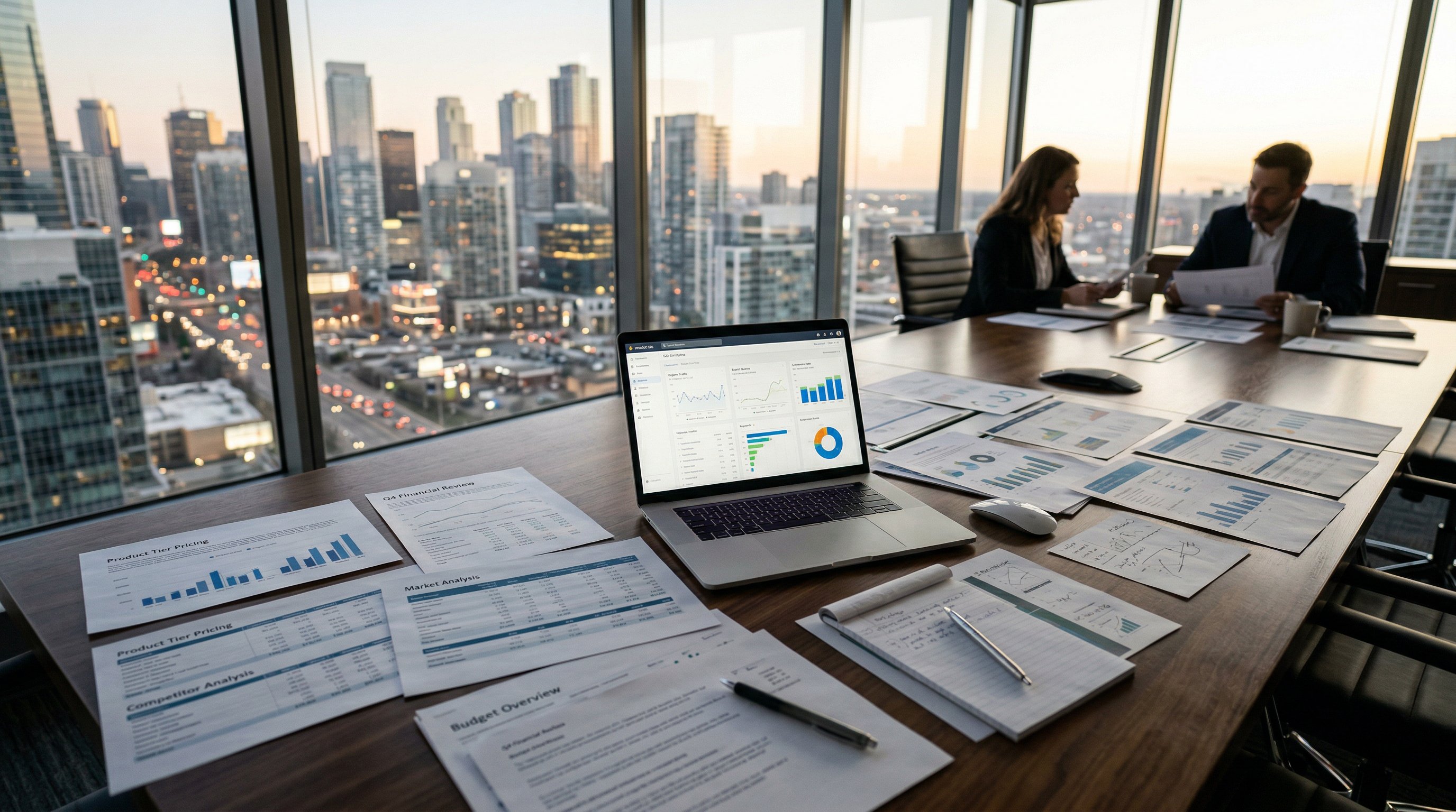 Professional boardroom table with financial documents and laptop showing SEO analytics