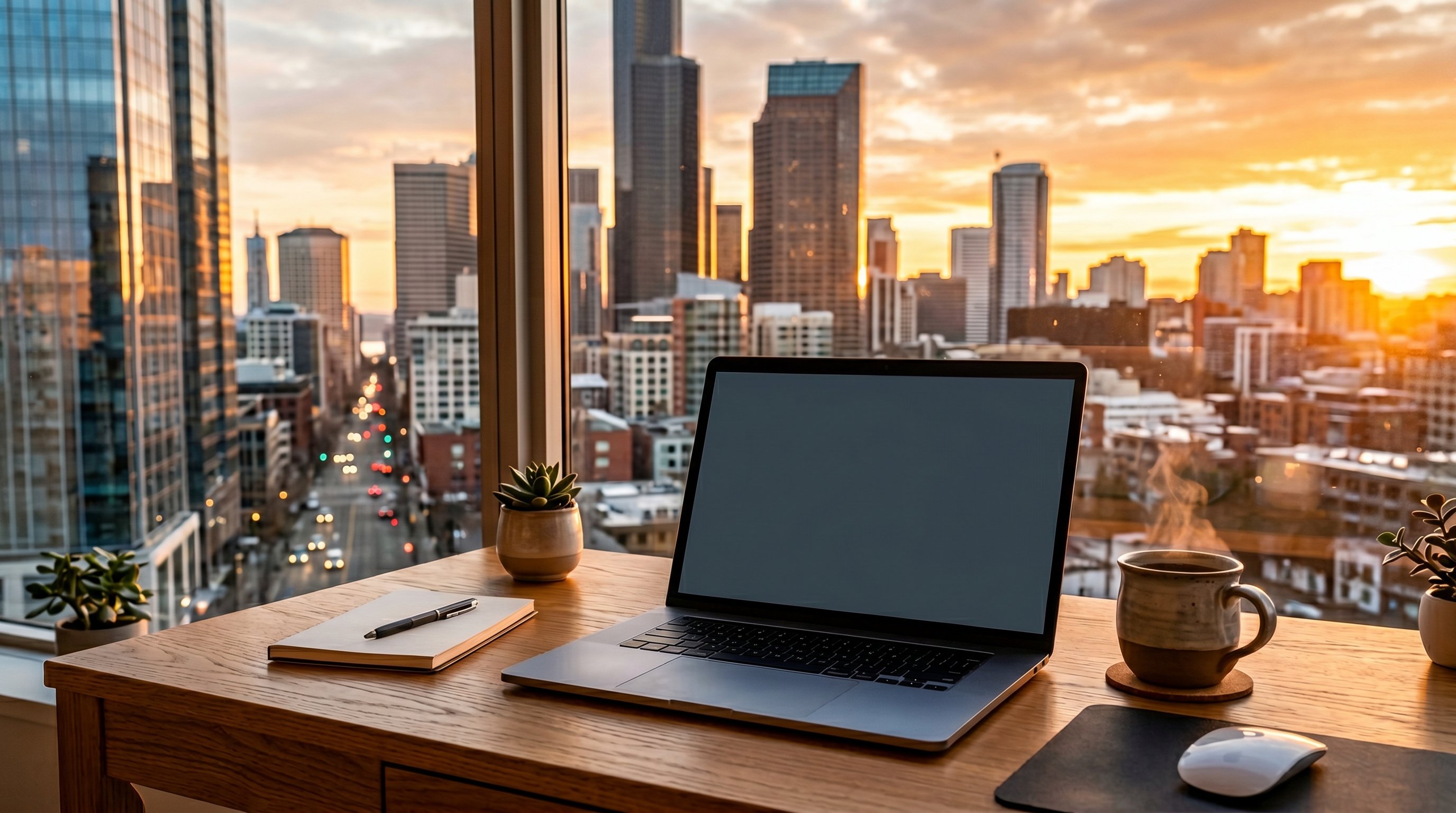 Sunrise over a modern city skyline with a laptop and editorial calendar theme, representing consistent blogging for SEO in 2026