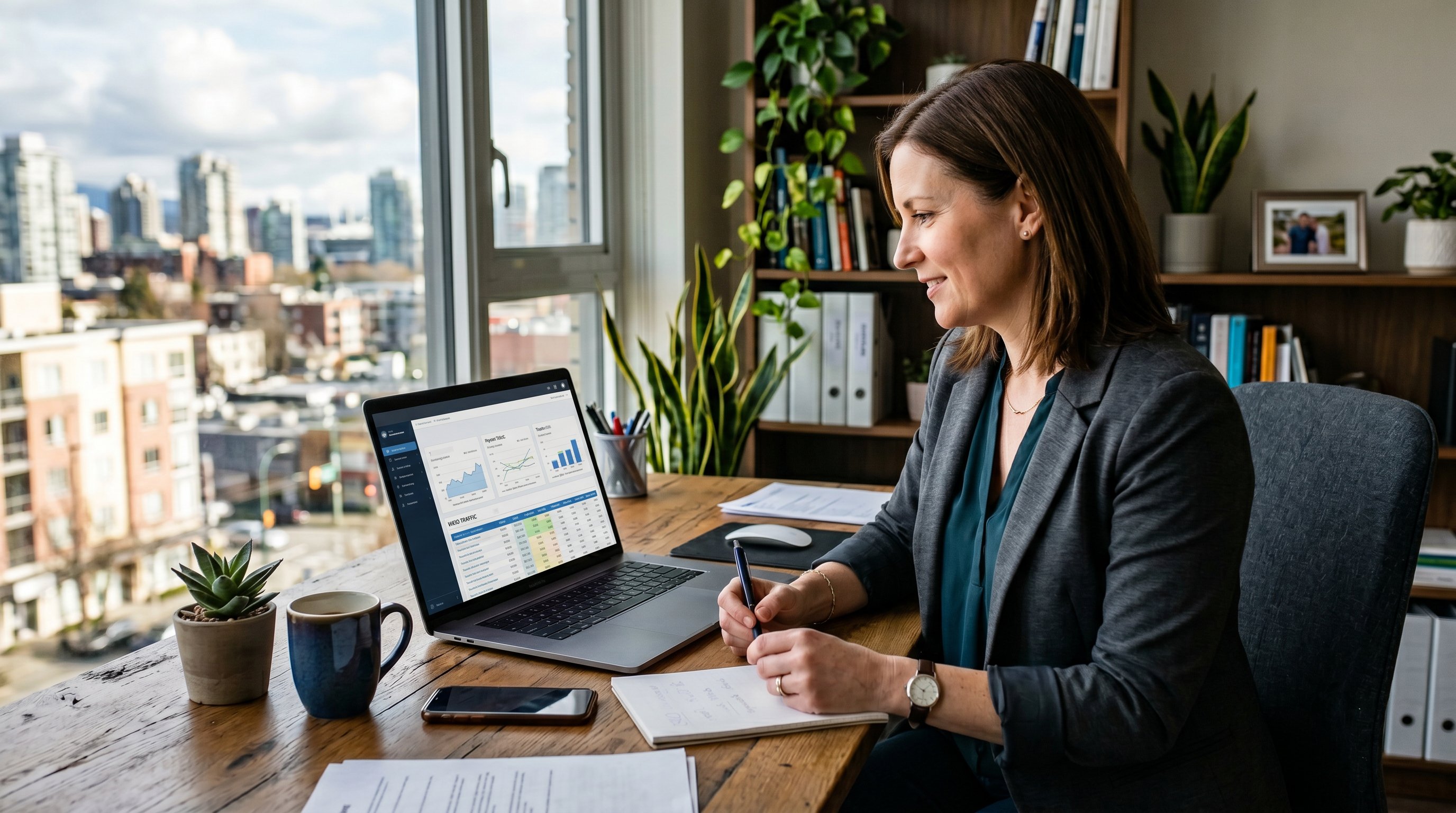Business owner reviewing SEO revenue and cost numbers on a laptop in a modern office