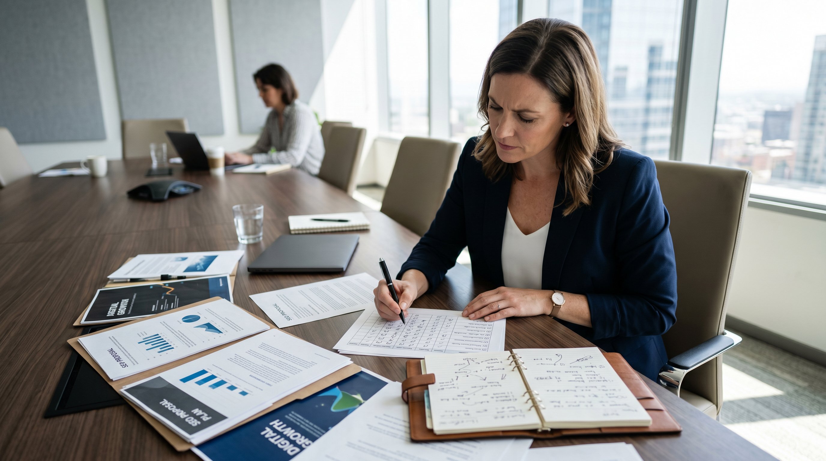 Business owner with a checklist evaluating SEO company proposals on a whiteboard