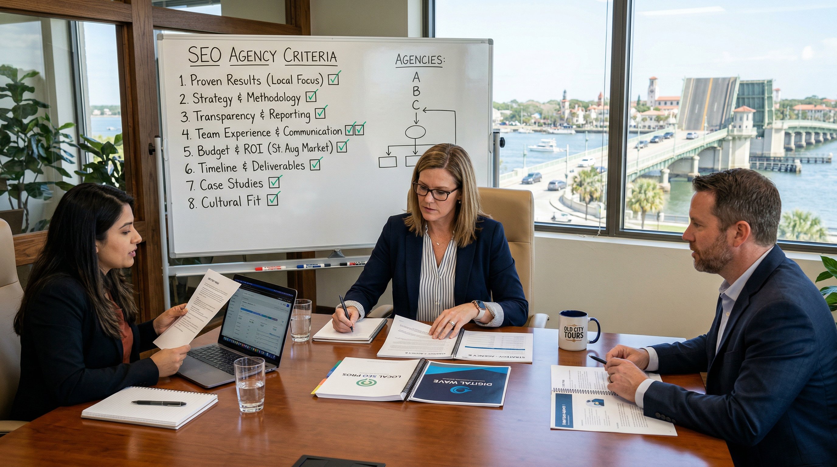 St. Augustine Florida historic district with digital marketing and SEO strategy overlay representing choosing the best SEO agency