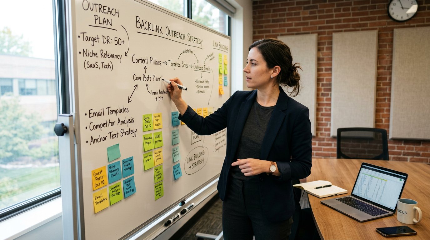 SEO specialist planning outreach and content promotion on a whiteboard