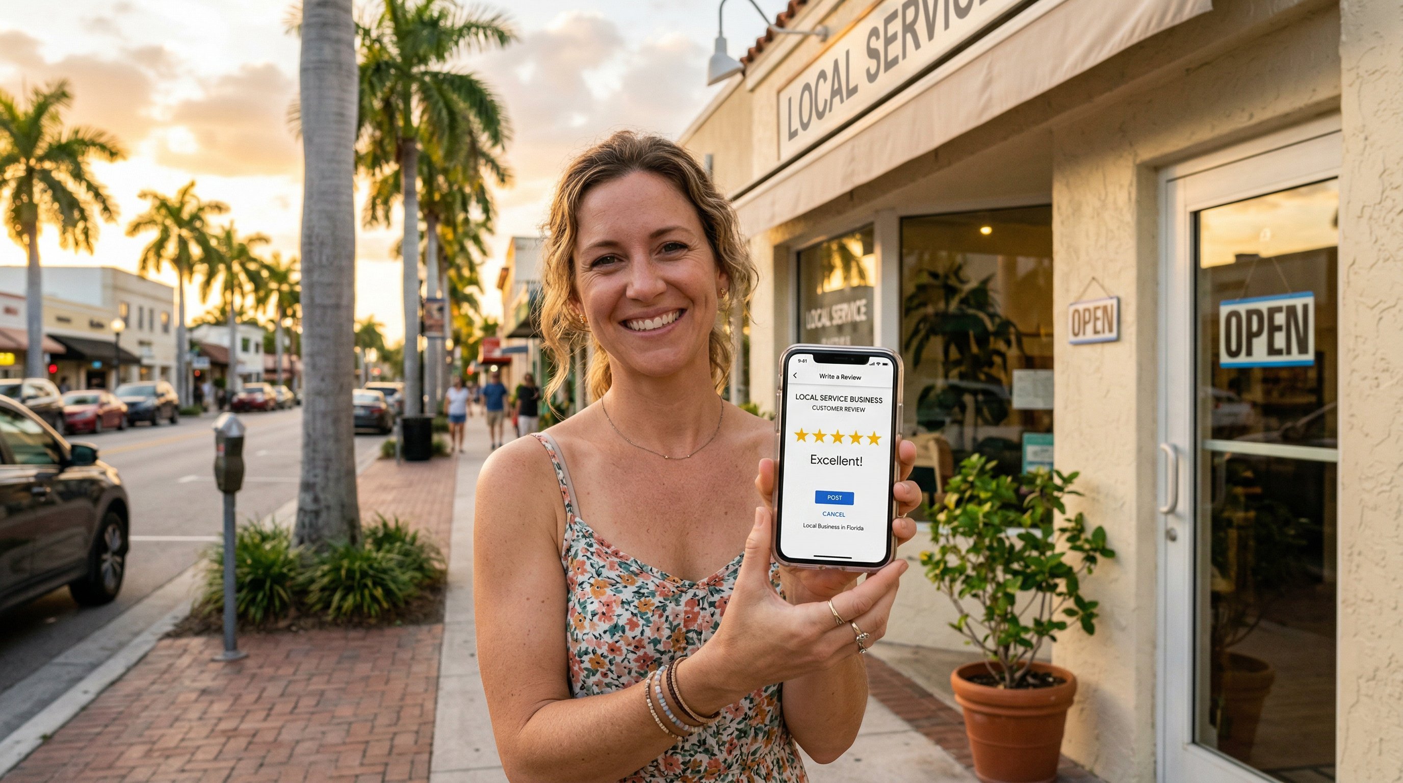 Customer showing five-star Google review on smartphone outside a Florida service business