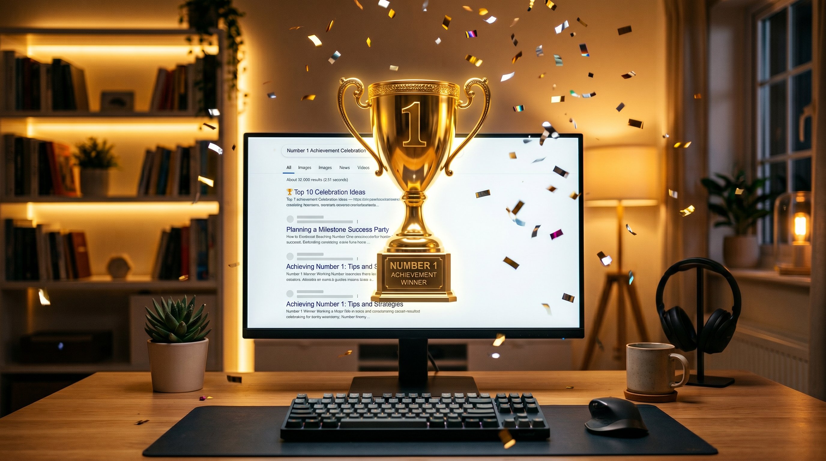 Golden number one trophy on a monitor displaying Google search results with confetti