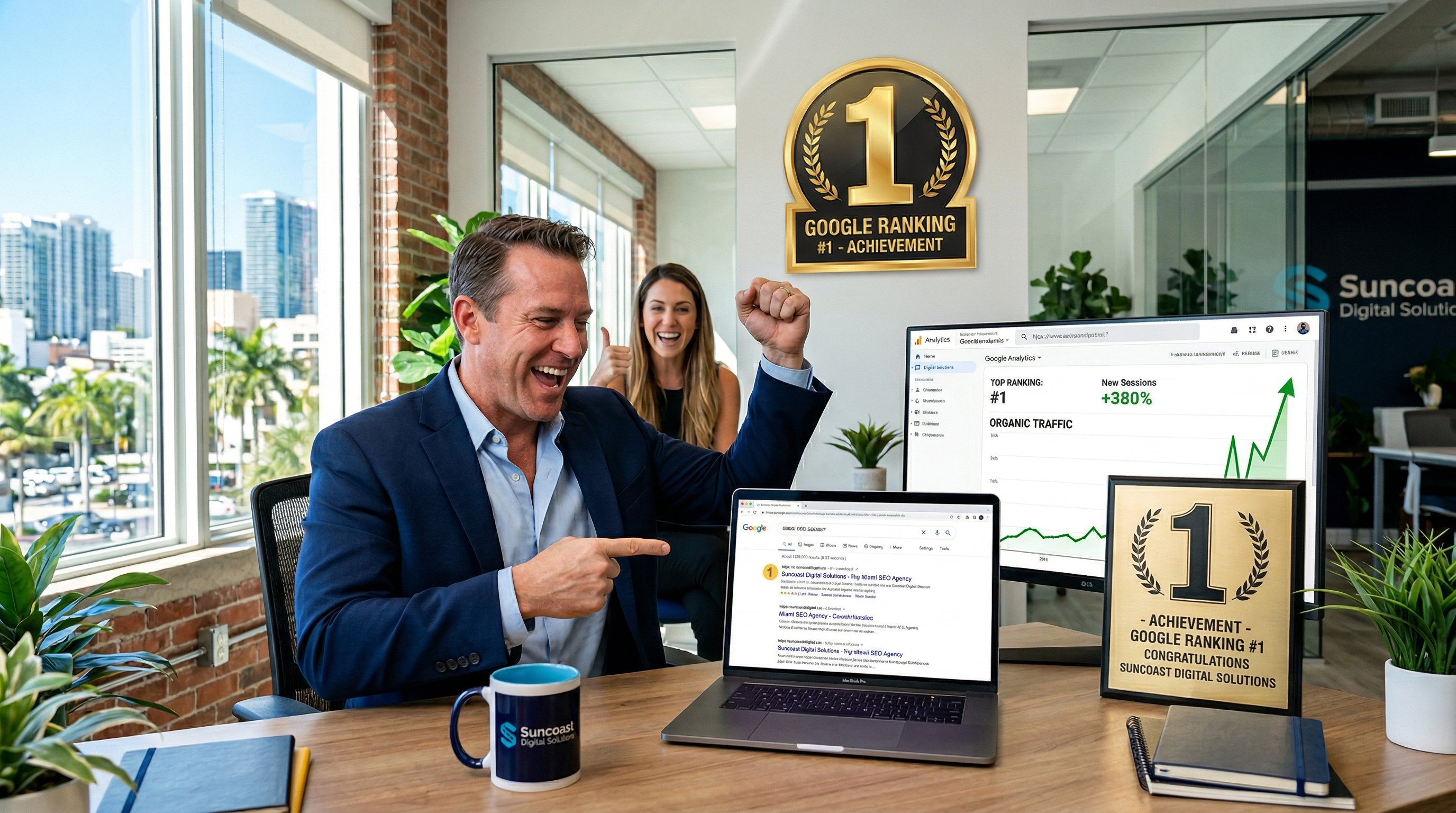 Google search results first page ranking visualization with SEO and digital marketing elements