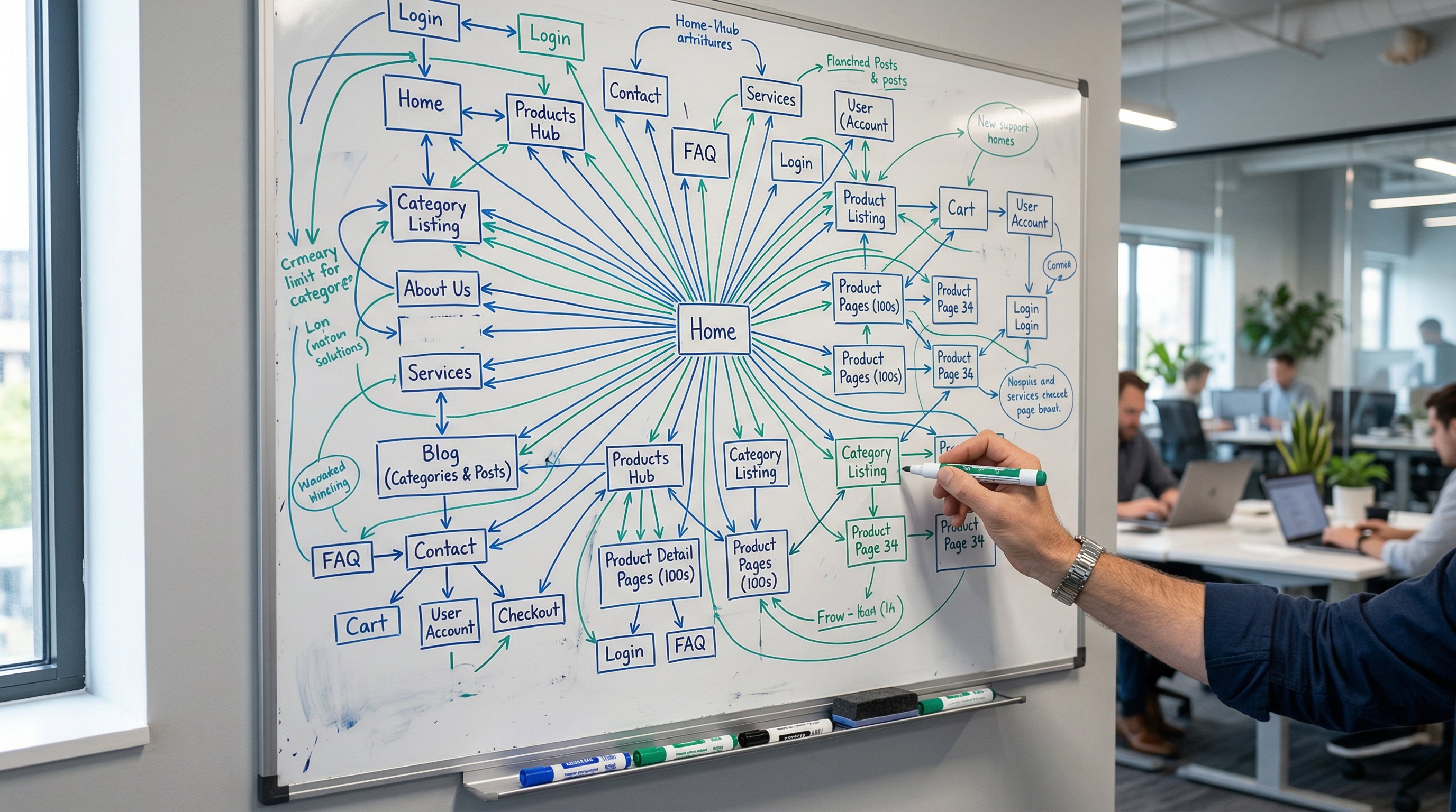 Whiteboard in modern office covered with website architecture diagram showing interconnected pages