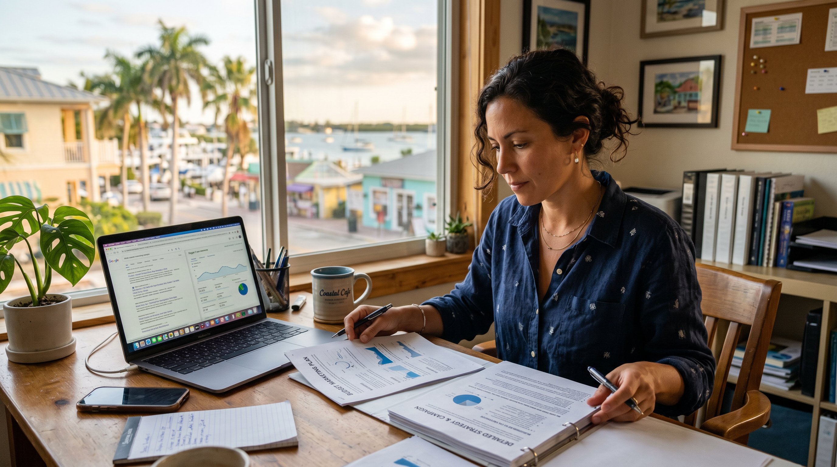 Small business owner comparing a low cost SEO offer with a detailed marketing plan at a desk