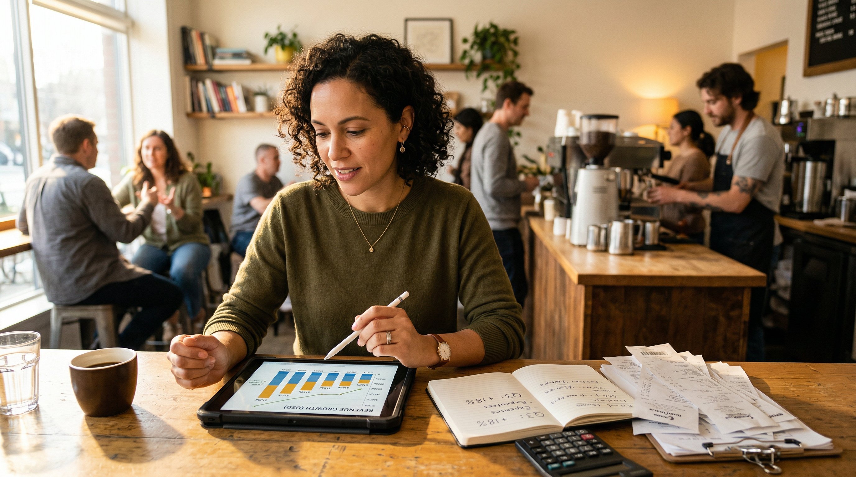 Small business owner reviewing revenue growth charts on a tablet at a coffee shop