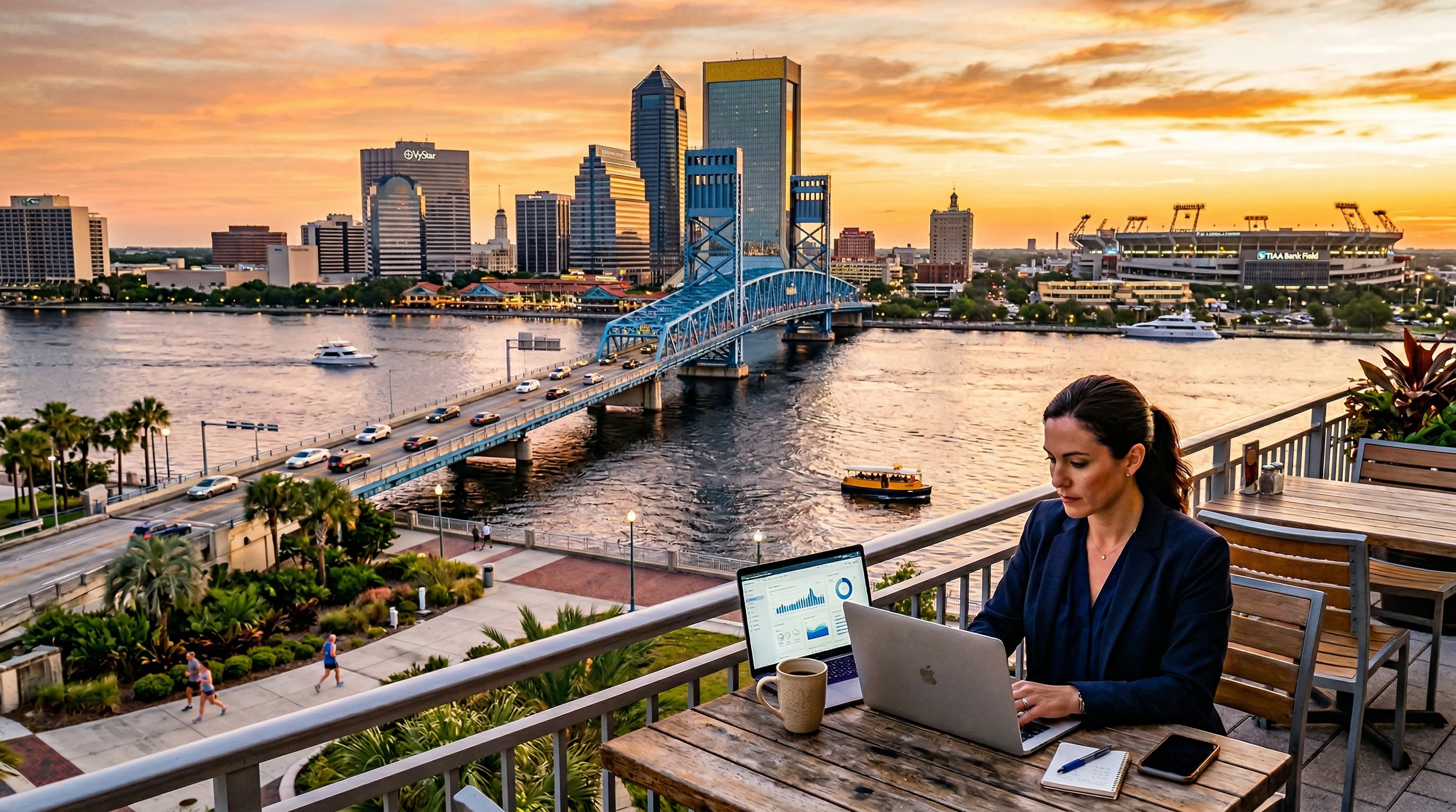 Aerial view of Jacksonville, Florida downtown skyline along the St. Johns River