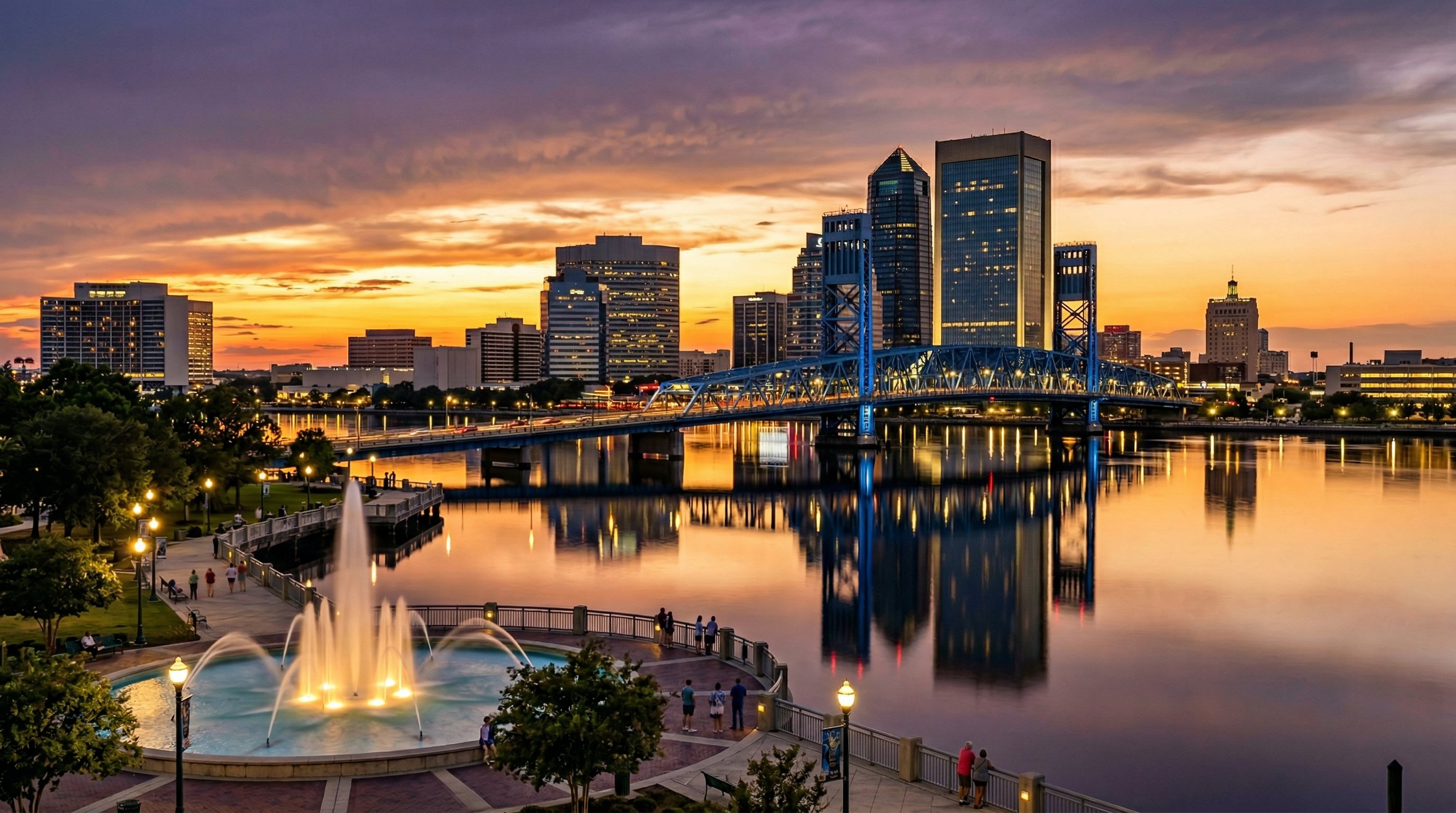 Jacksonville skyline and Main Street Bridge over the St. Johns River at golden hour