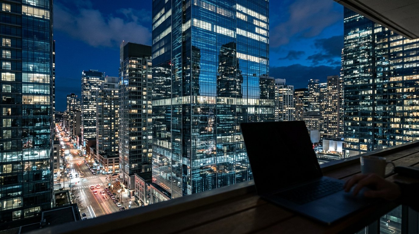 Florida downtown street with modern glass buildings and code-like reflections