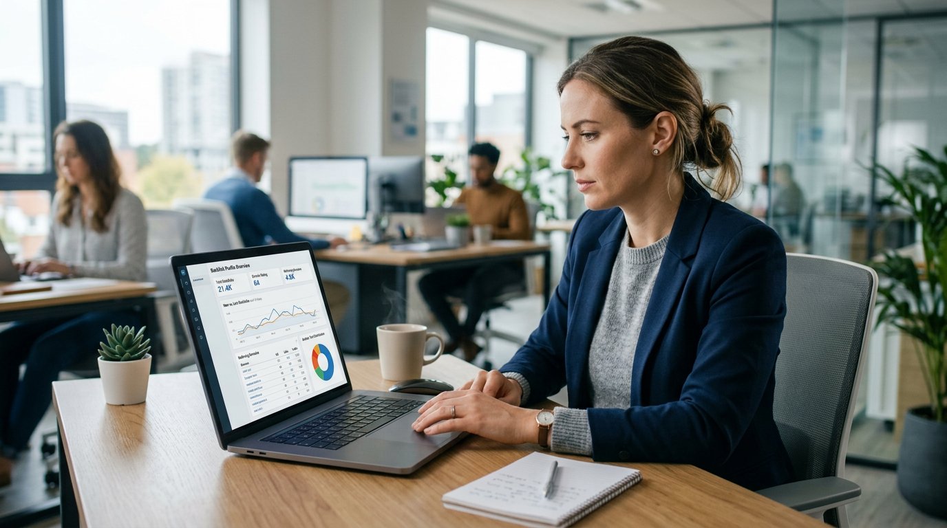 Marketer reviewing a backlink profile dashboard on a laptop in a modern office