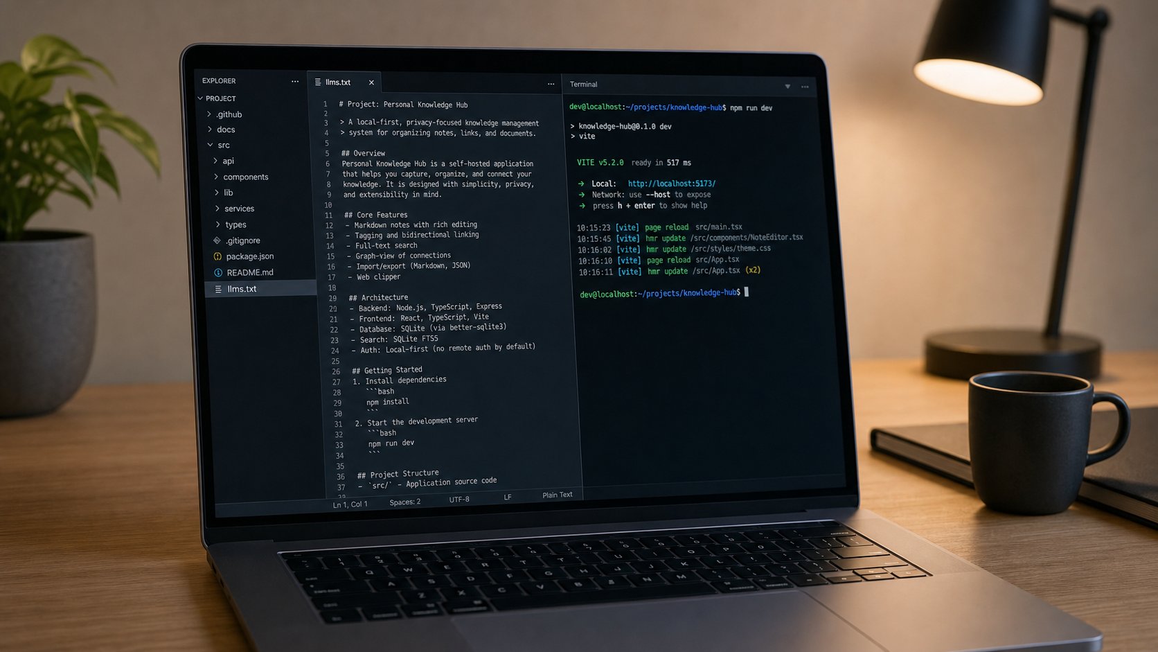 A developer adding an llms.txt file to a website project on a laptop