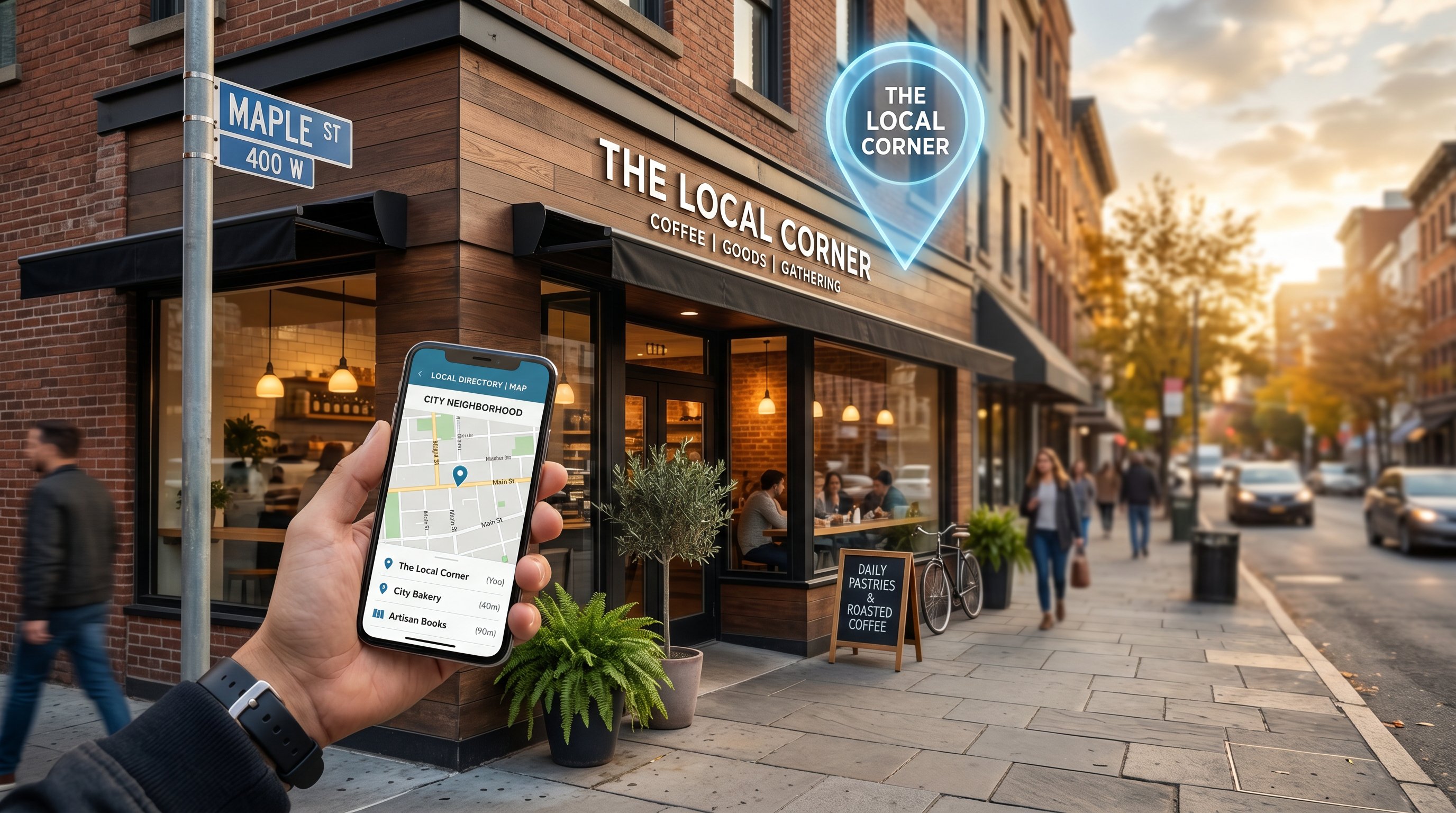 A photo of a small business storefront with a city street sign, representing local citation building in 2026