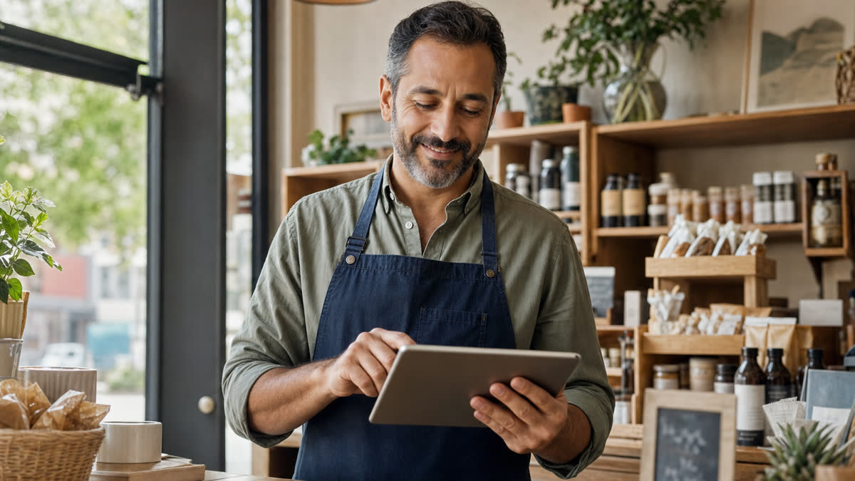 A local shop owner updating their business profile on a tablet at the front counter