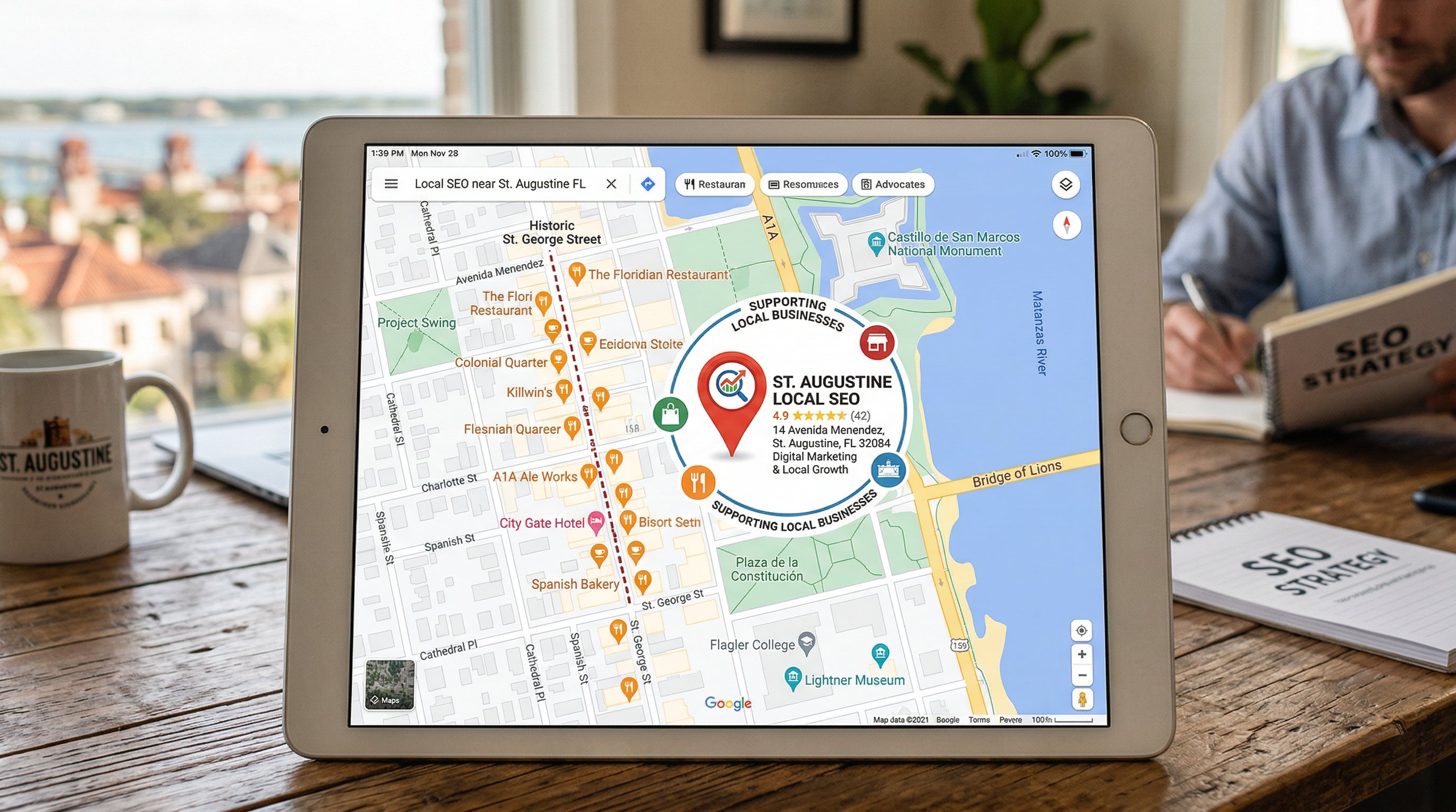 St. Augustine Florida historic district with digital marketing overlay representing local SEO services