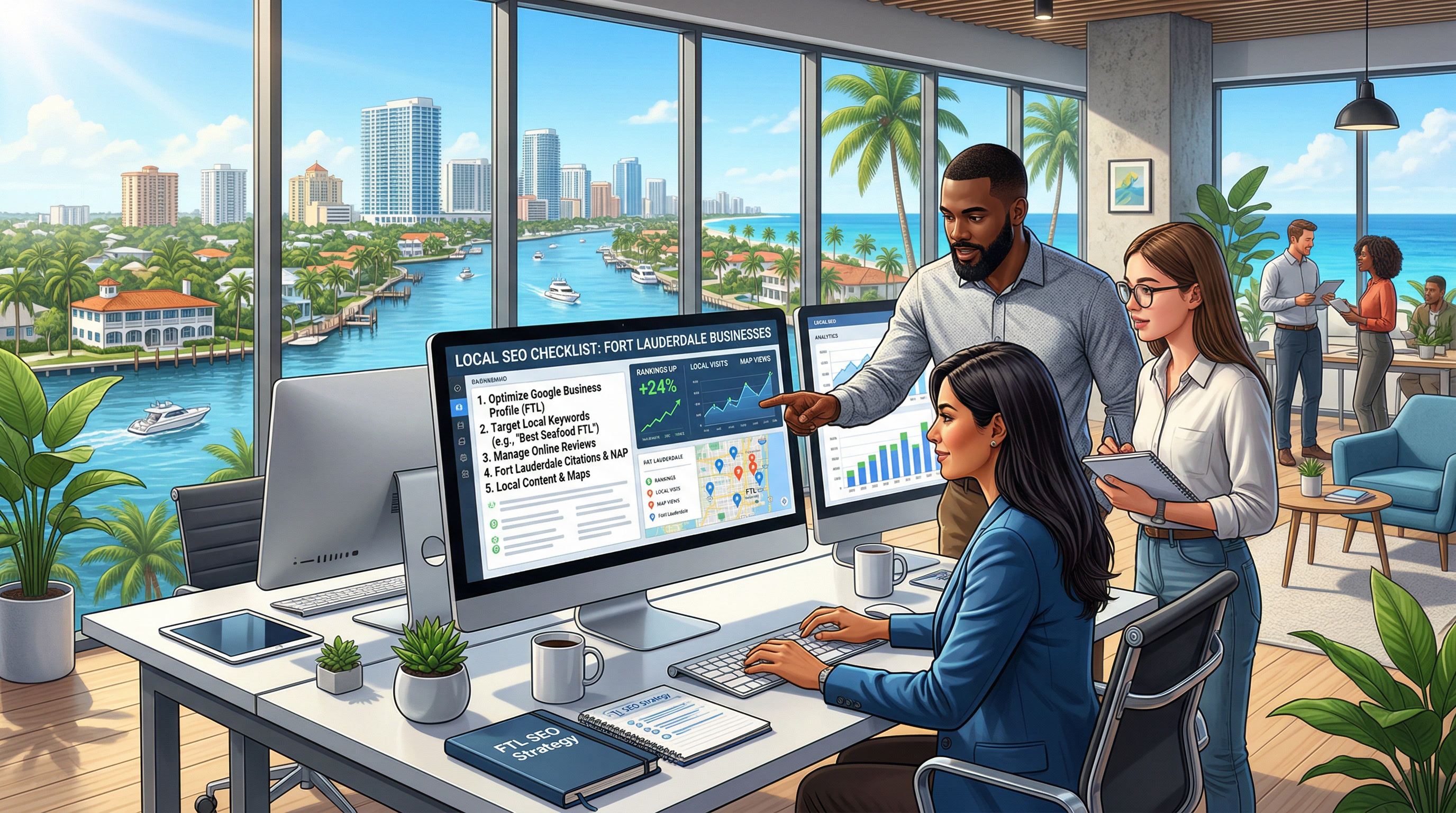 Aerial view of Fort Lauderdale FL skyline and Las Olas Boulevard local businesses