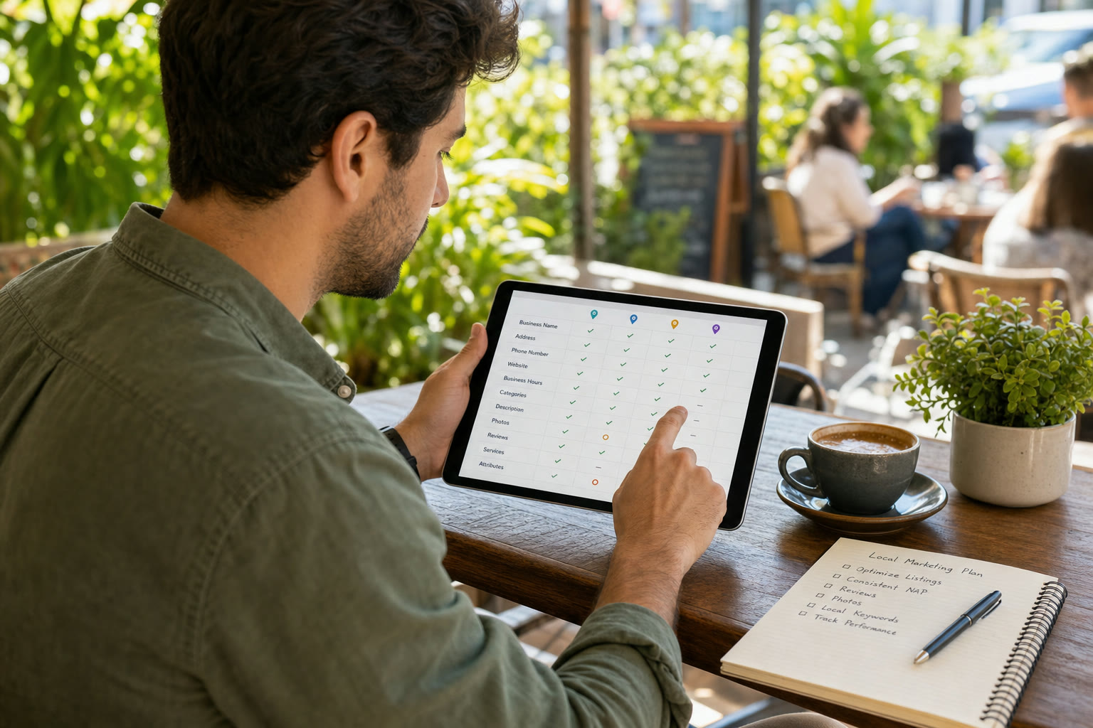 Local marketer comparing business listings across directories on a tablet