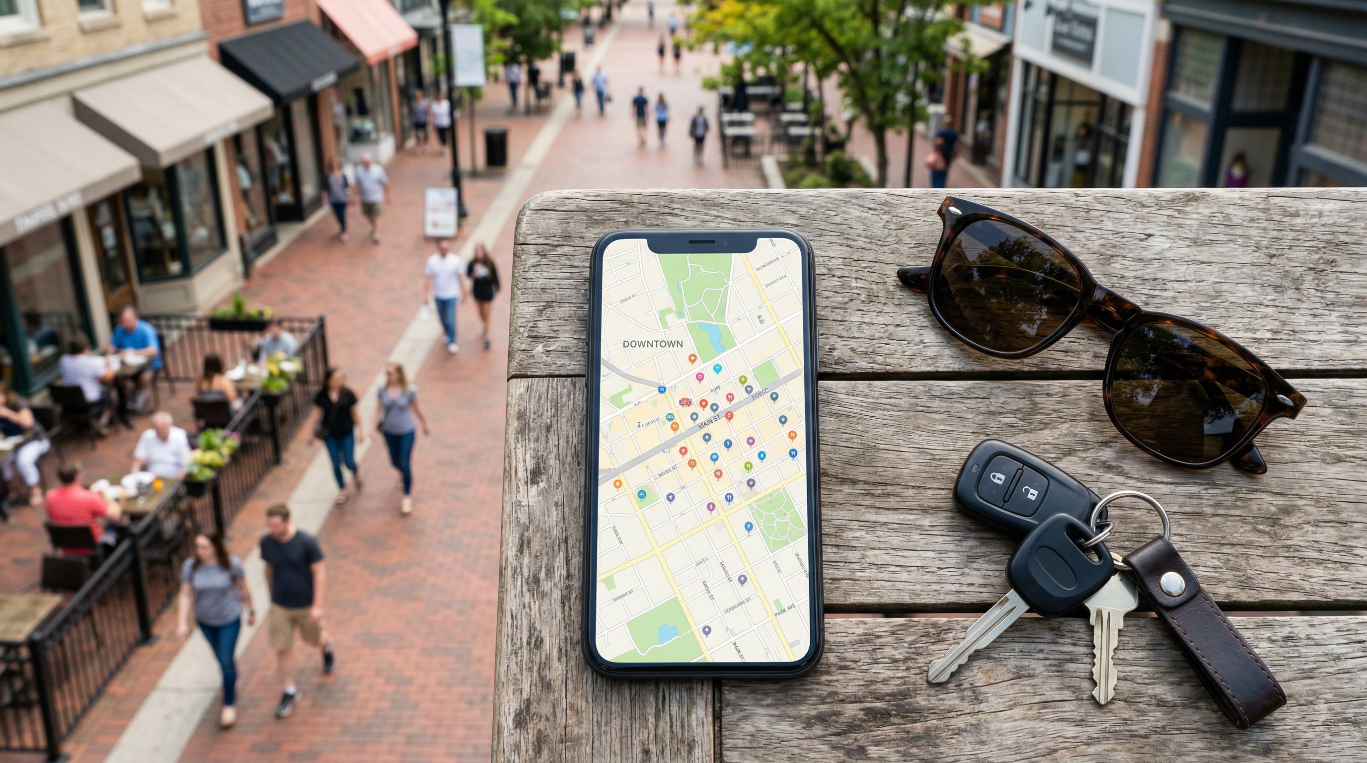 Smartphone showing Google Maps with local business pins on a table in a downtown area