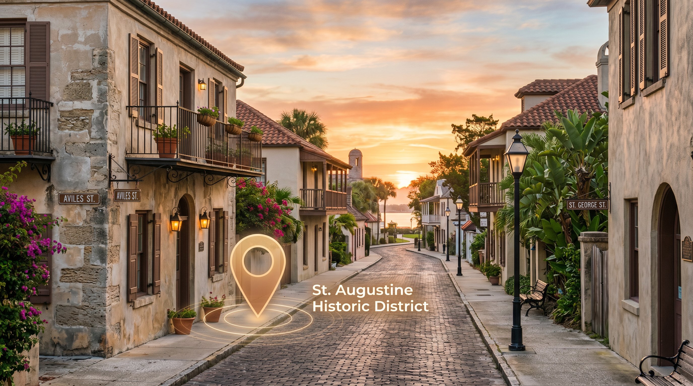 A photorealistic view of St. Augustine historic district with a map pin, representing local SEO in St. Augustine
