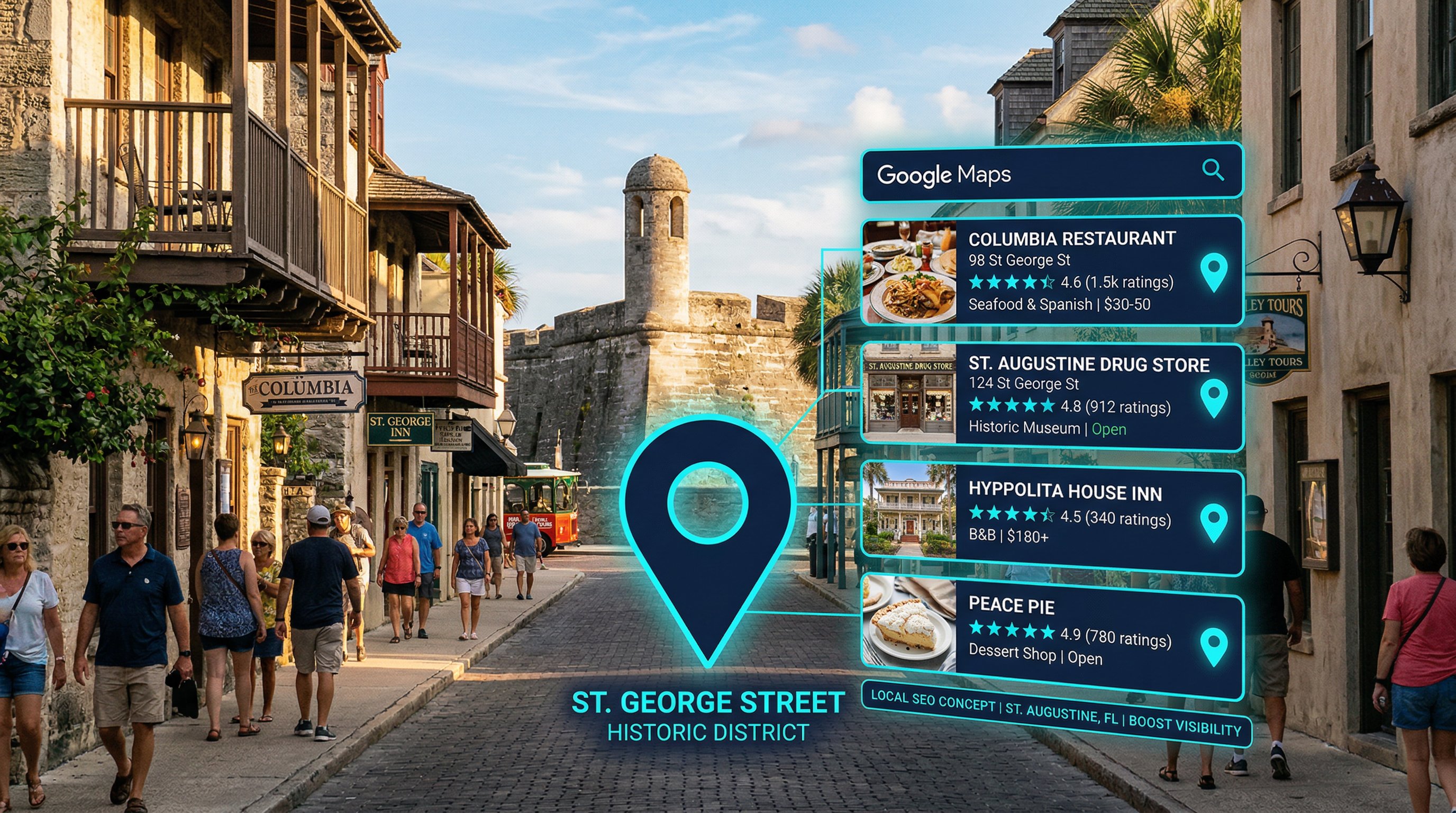 St. Augustine Florida historic district with digital marketing overlay representing local SEO strategies