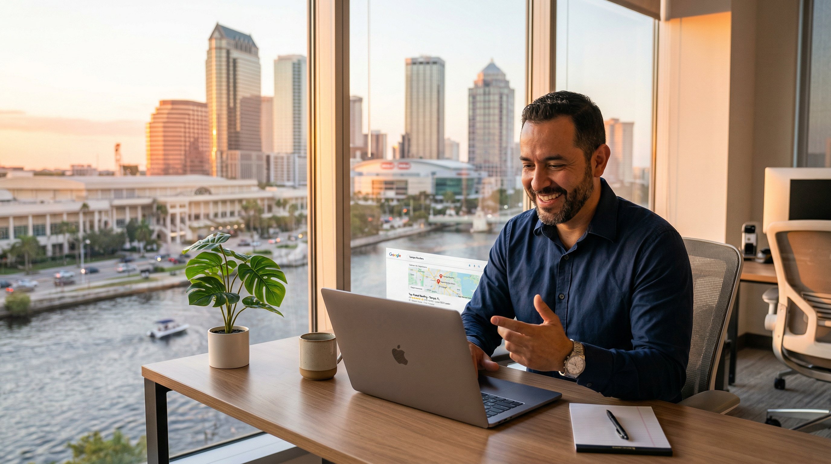 Tampa Florida cityscape and waterfront with digital map pack overlay representing local SEO strategies for Tampa businesses