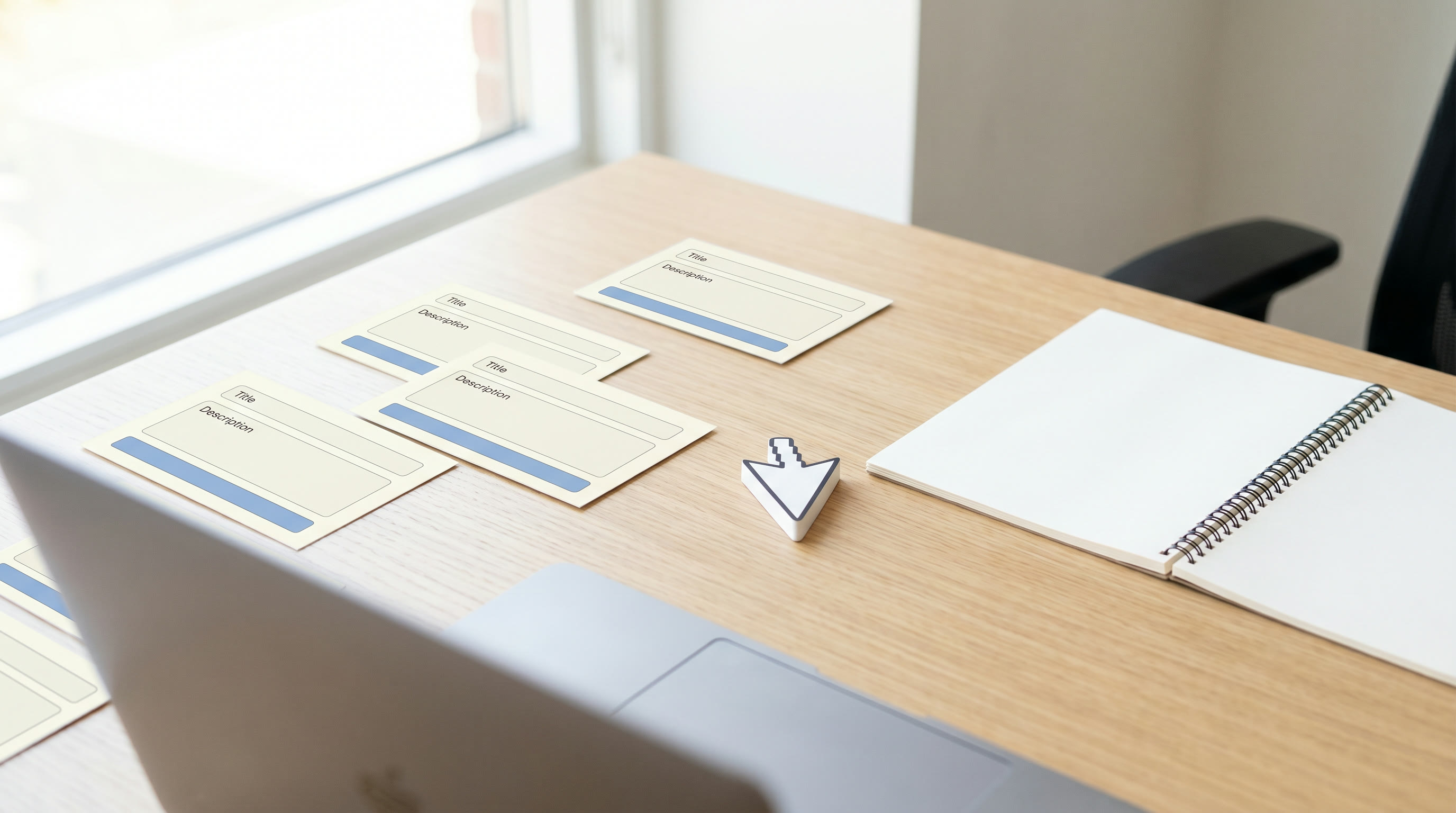 Copywriter drafting search snippet text on a notepad beside a laptop
