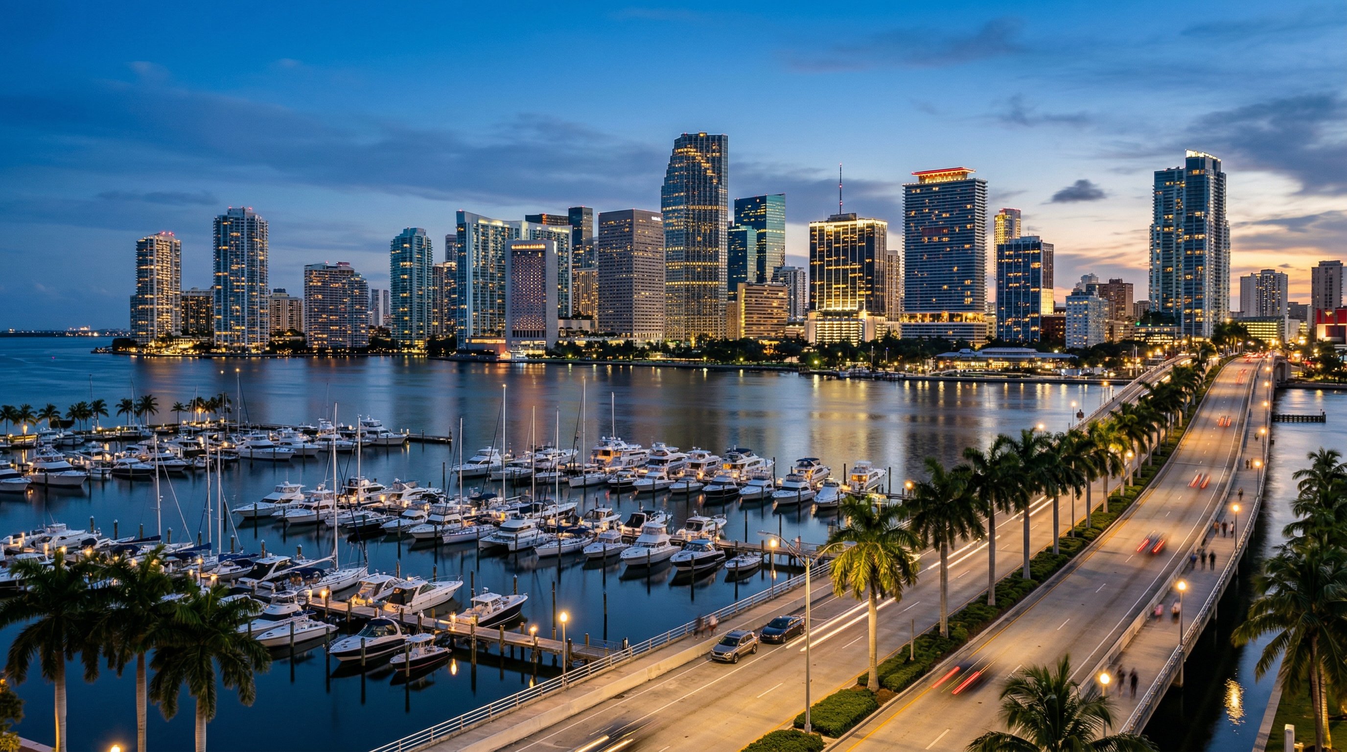 Miami skyline with Biscayne Bay and palm trees in the foreground