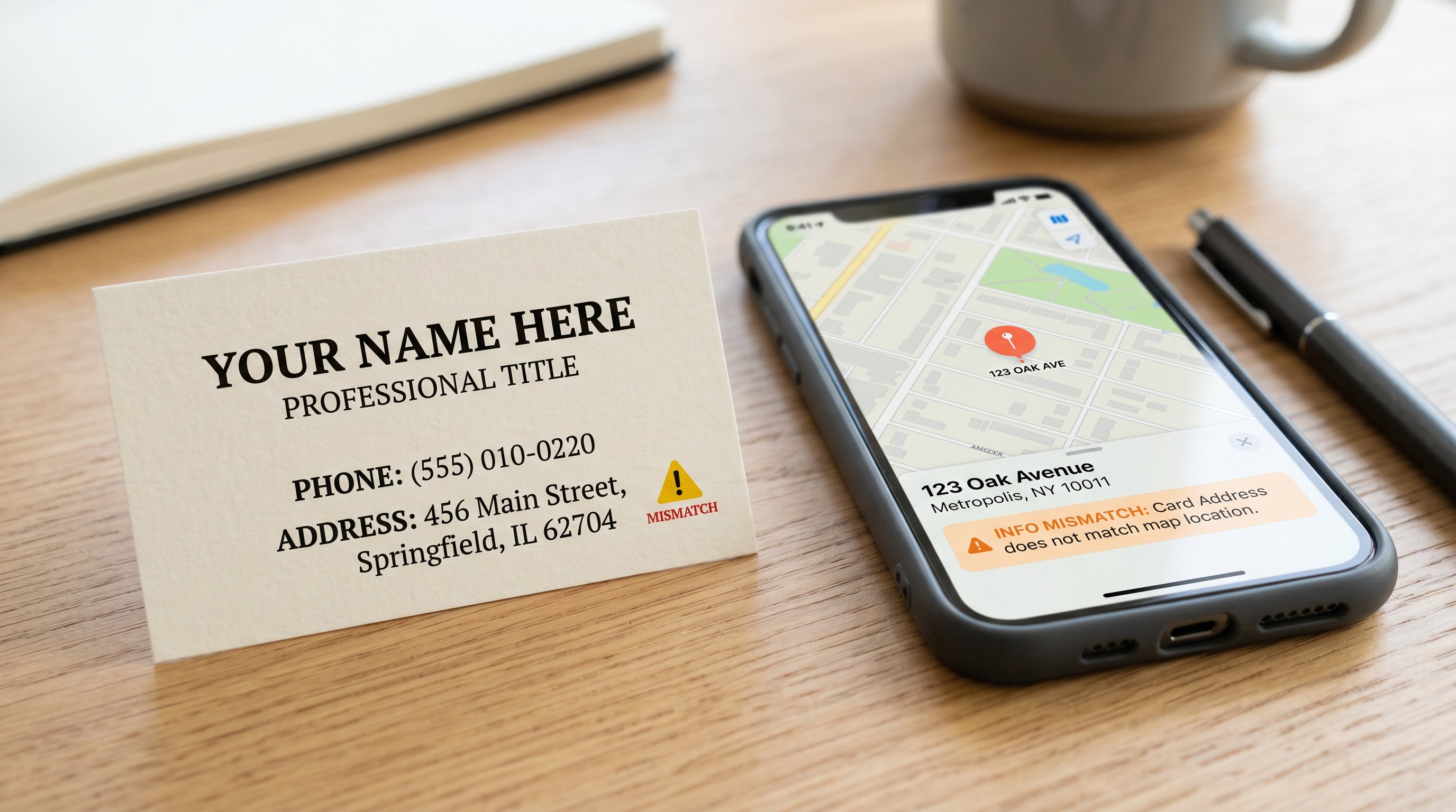 A close-up photo of a business card next to a smartphone map app, representing NAP consistency for local SEO