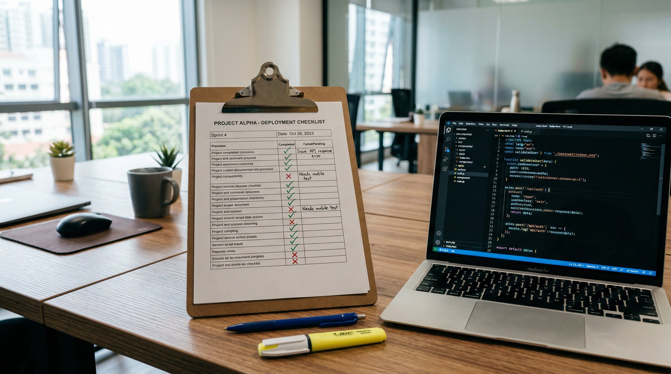Checklist document with checkmarks on a clipboard next to a laptop showing source code