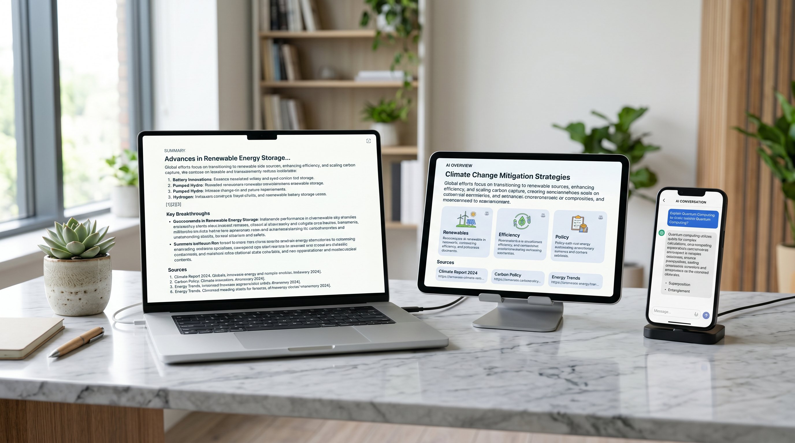 Three AI search engines displayed on laptop, tablet, and phone on a modern desk