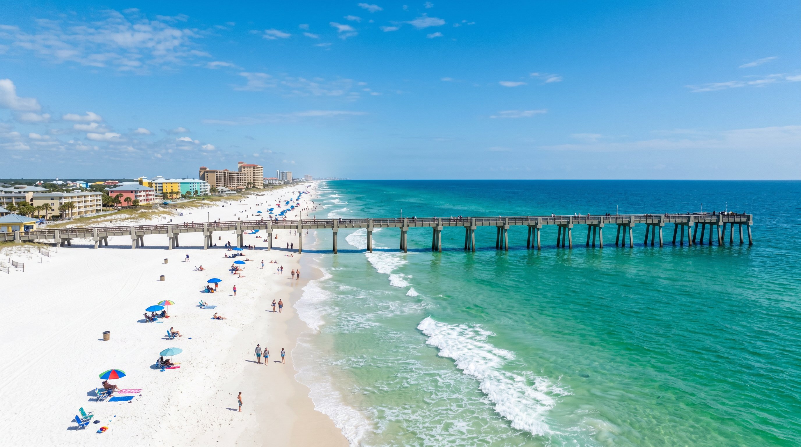 Pensacola Beach pier and emerald water on a clear sunny day