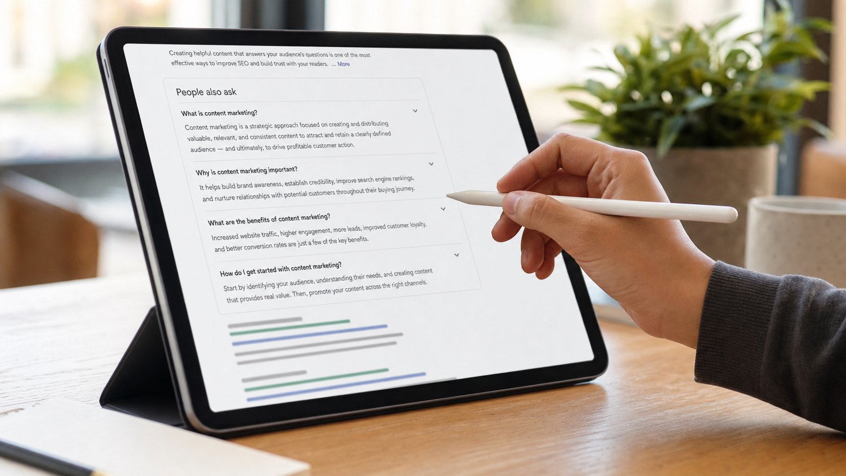 A search results page with multiple People Also Ask questions highlighted on a tablet