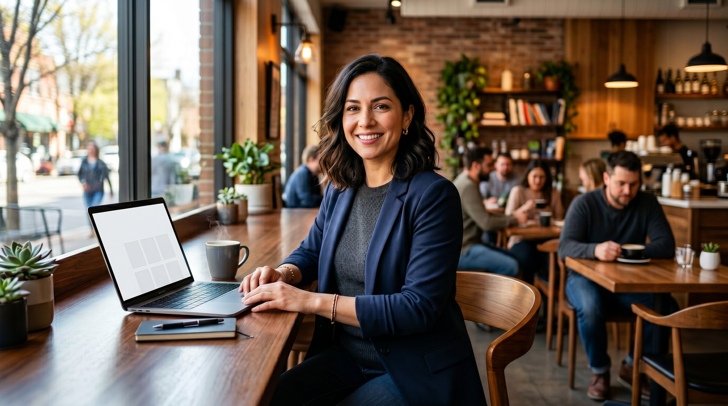 Local business owner reviewing AI search results on a laptop in a bright modern storefront
