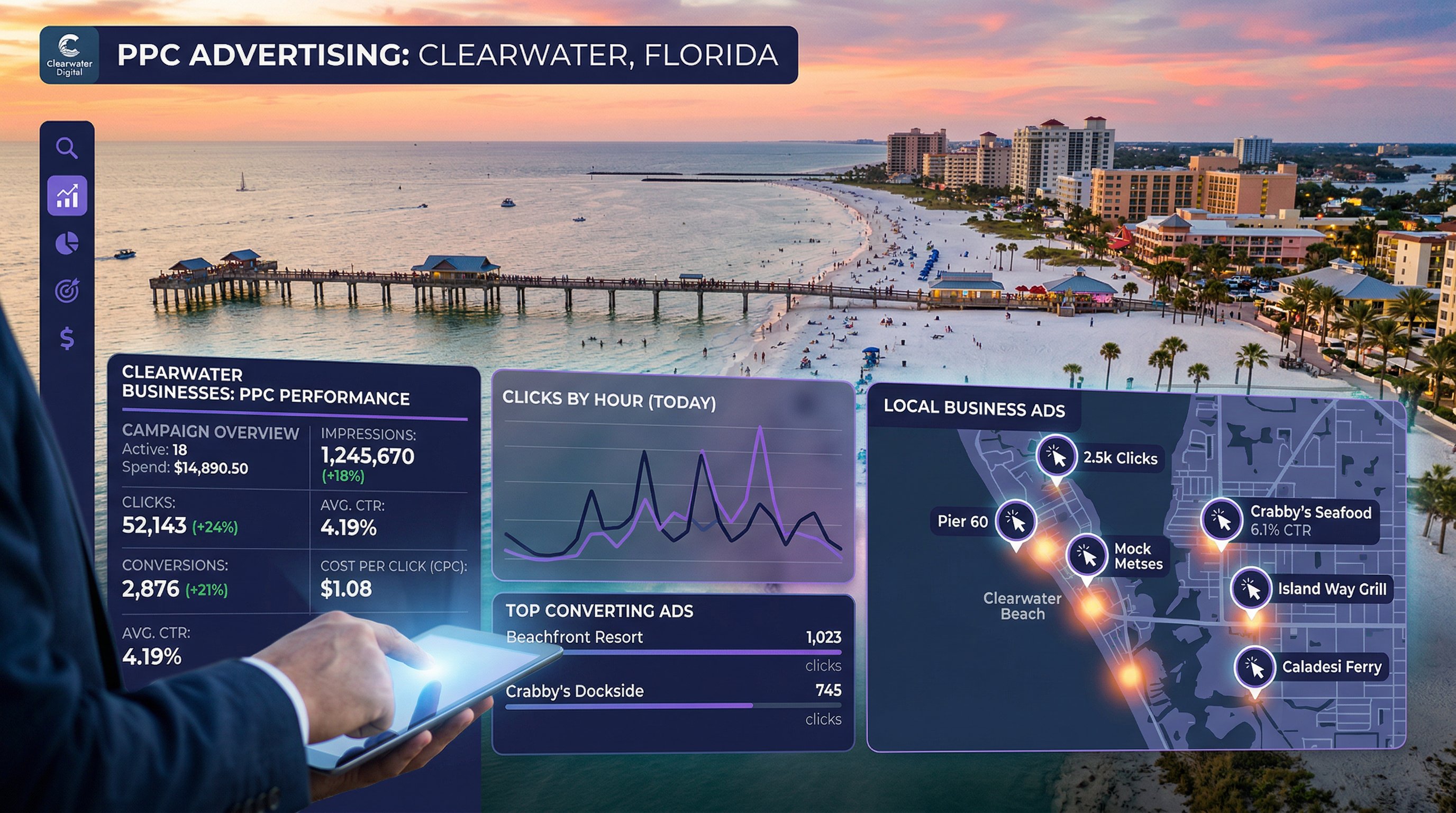 PPC advertising dashboard for Clearwater Florida businesses with Clearwater Beach in background