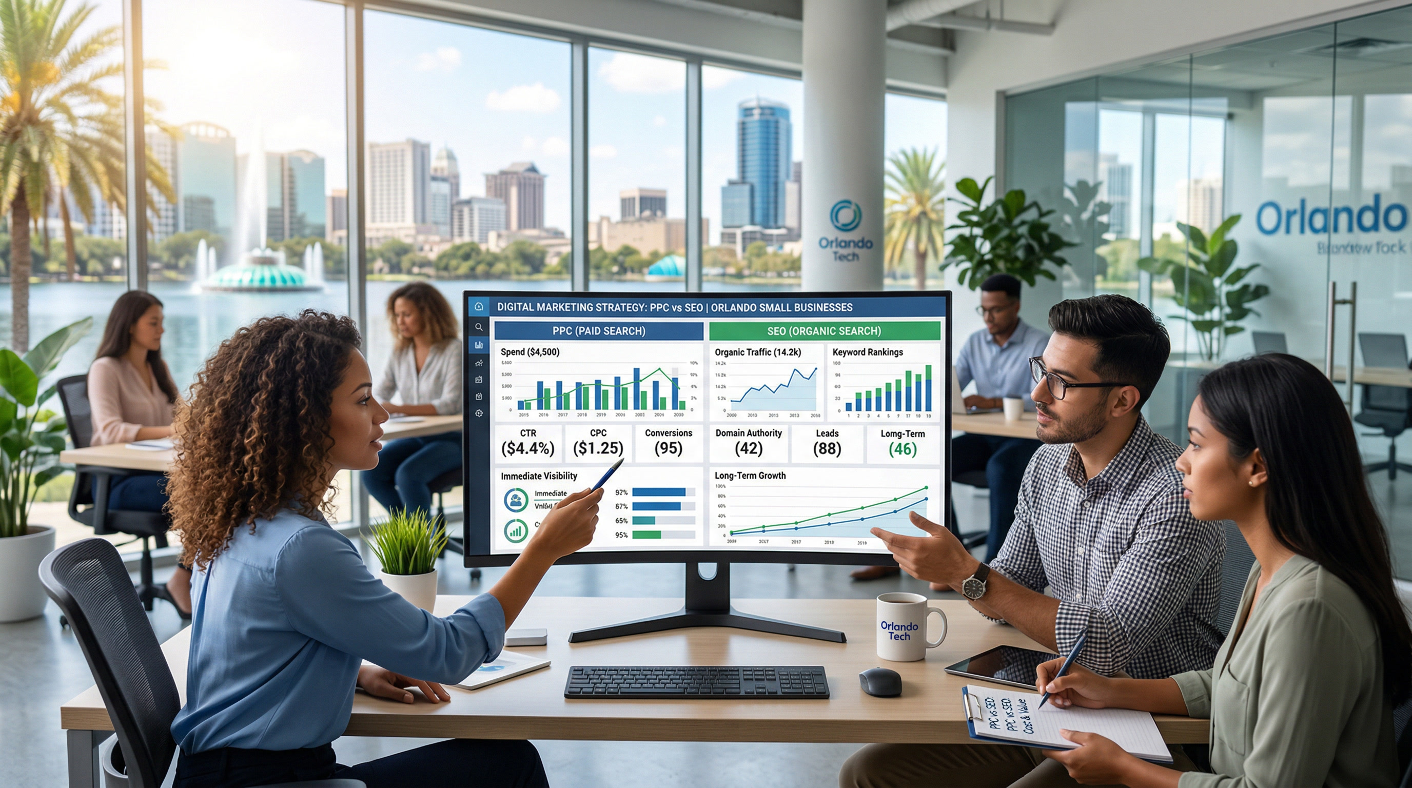 Orlando Florida business owner analyzing PPC vs SEO performance data on computer screen