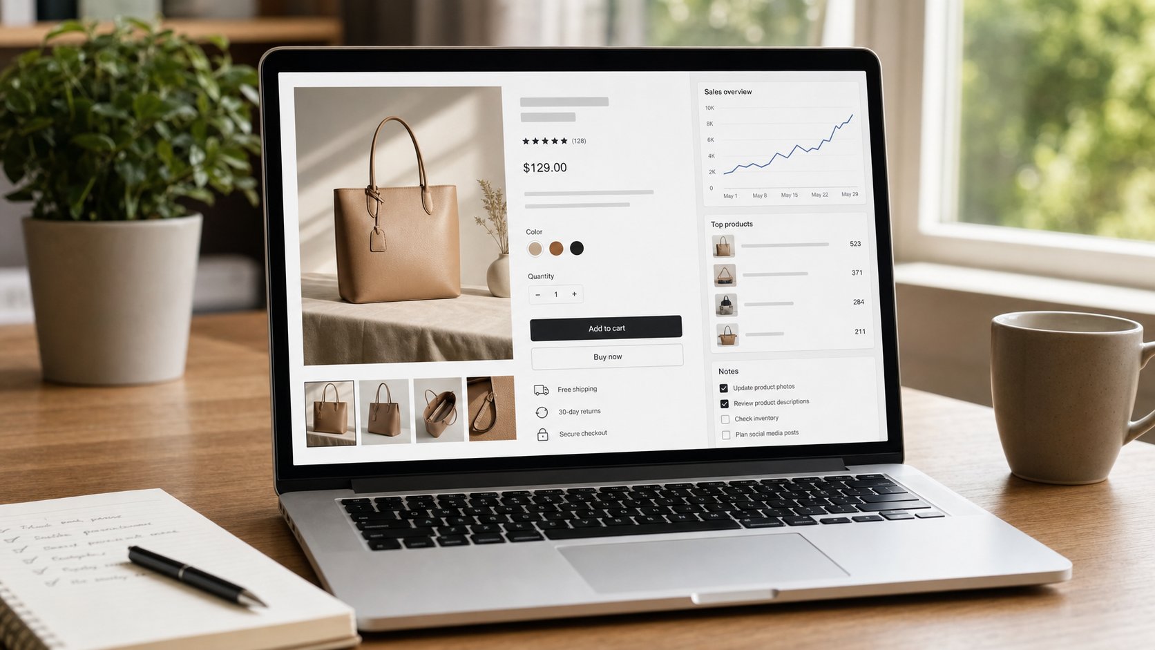 Product page SEO checklist on a laptop with product photos and reviews
