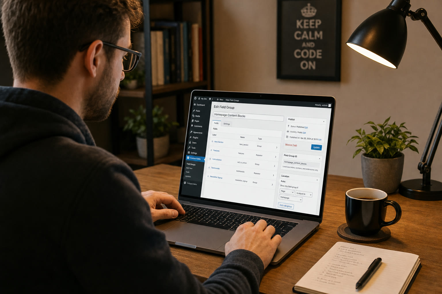Web developer configuring a WordPress SEO plugin on a laptop at a tidy desk