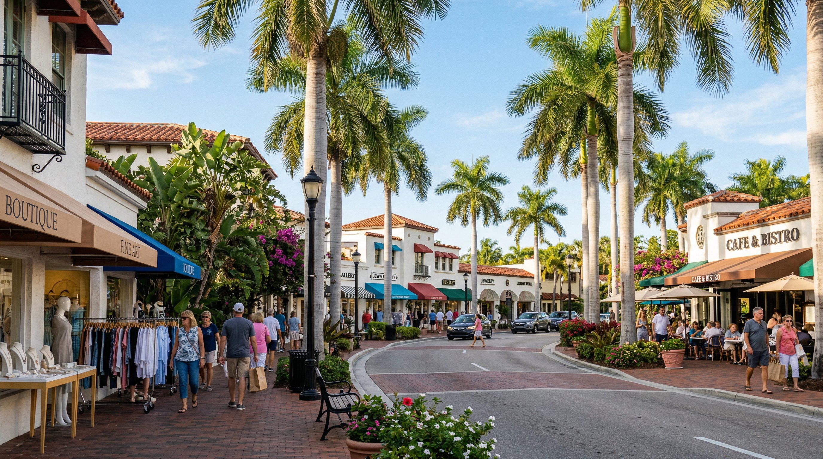 Sarasota Florida St Armands Circle shopping district with upscale boutiques and palm trees
