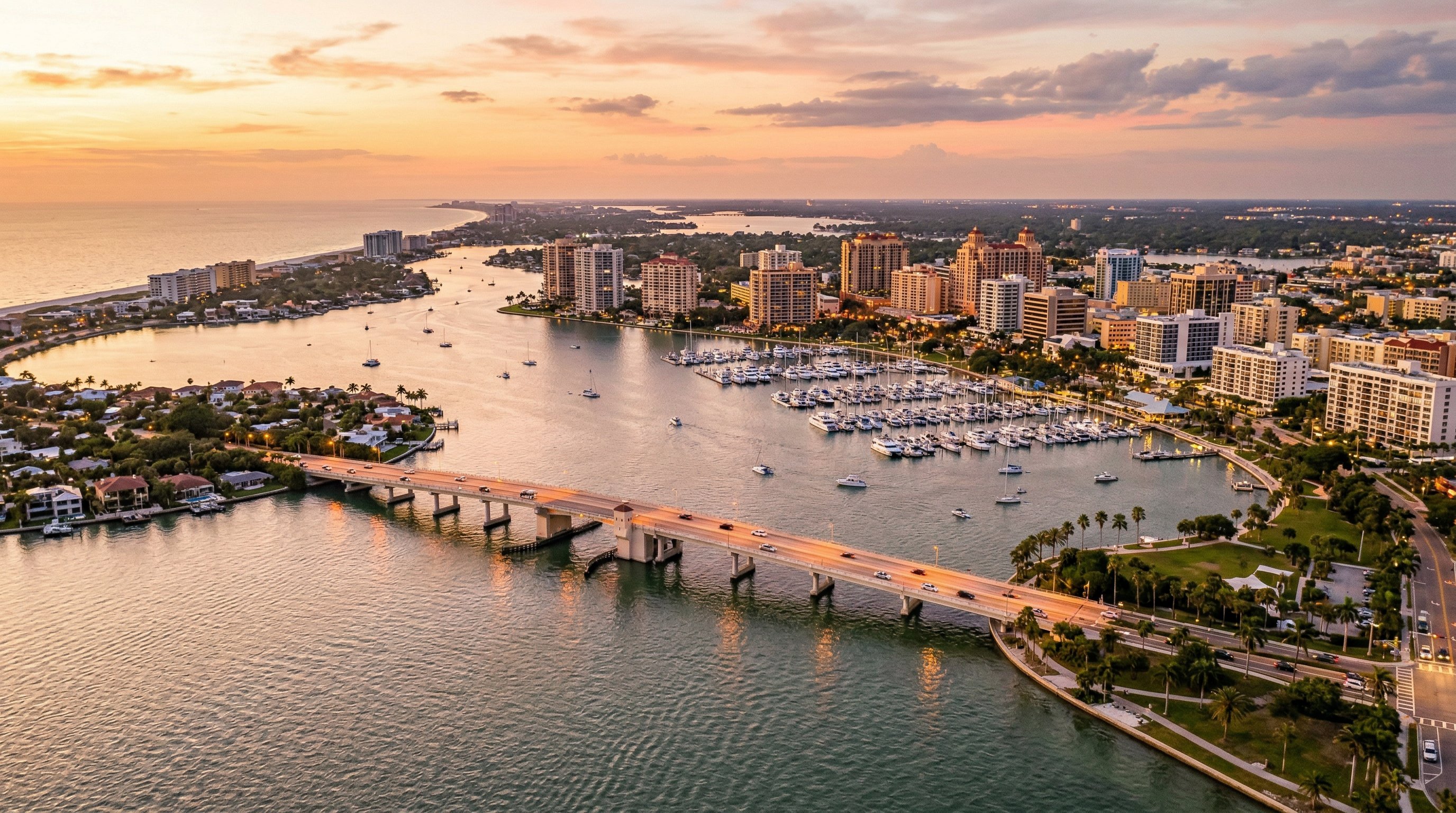 Sarasota skyline and waterfront at sunrise, representing local business visibility on Google Maps