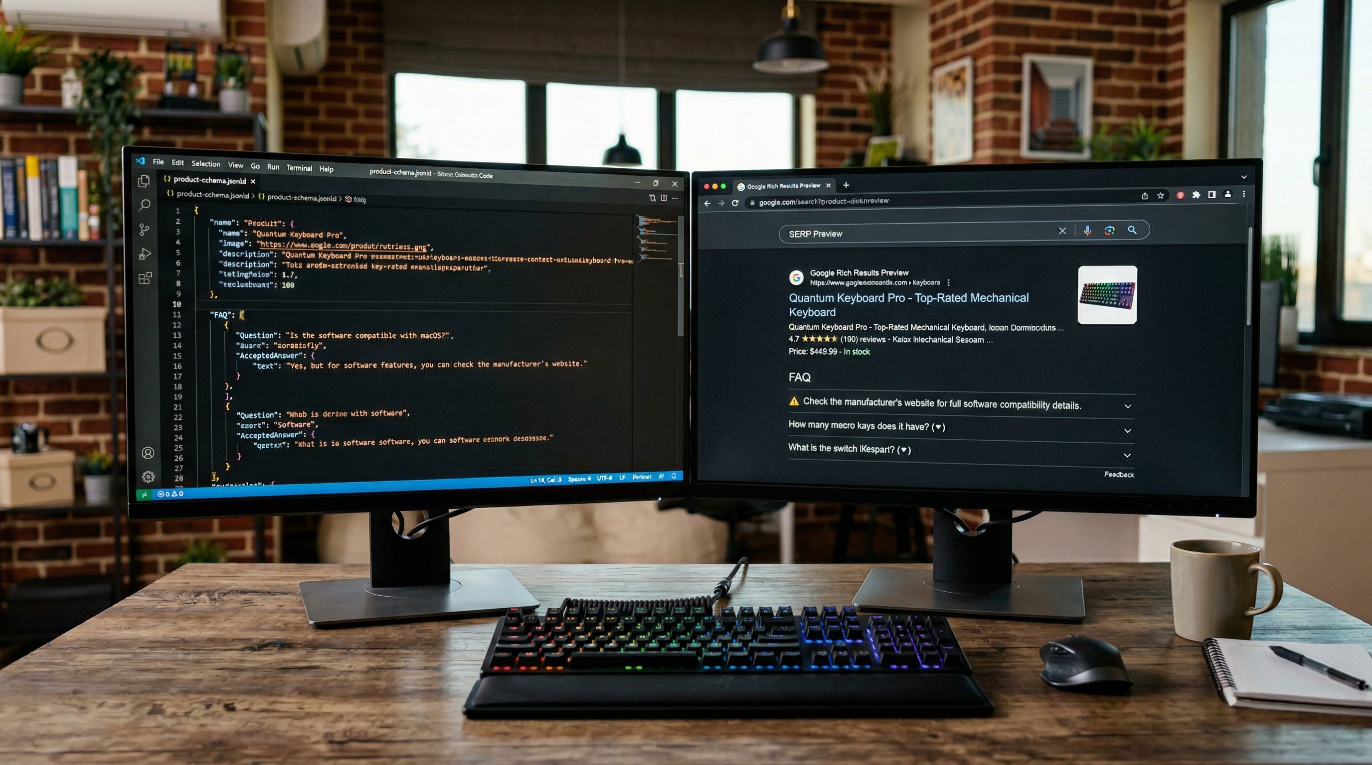 Computer screen showing JSON-LD structured data code with rich results preview on second monitor