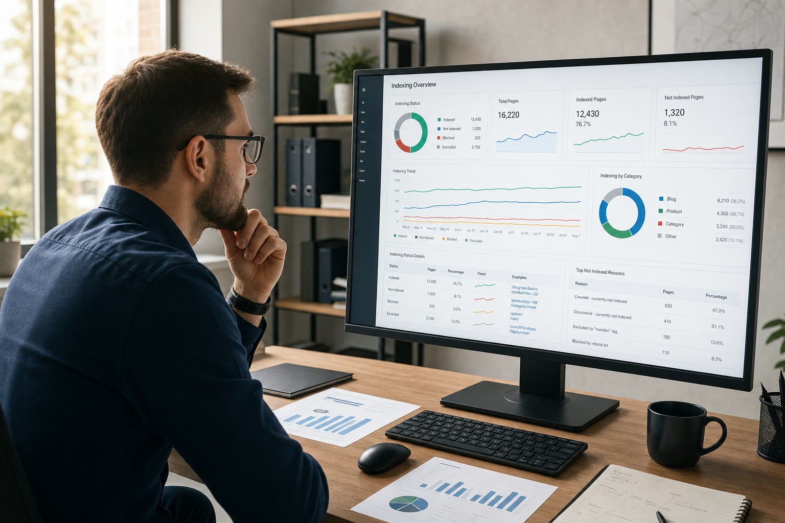 Analyst reviewing a website indexing report on a large monitor