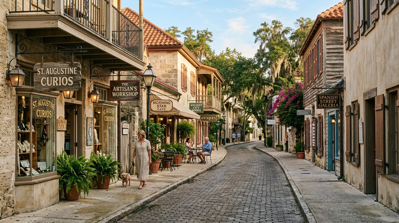 Historic St. Augustine street with local businesses and signage