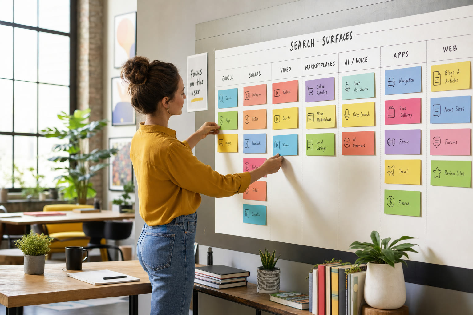 Marketer planning a multi-channel search strategy on a wall planner