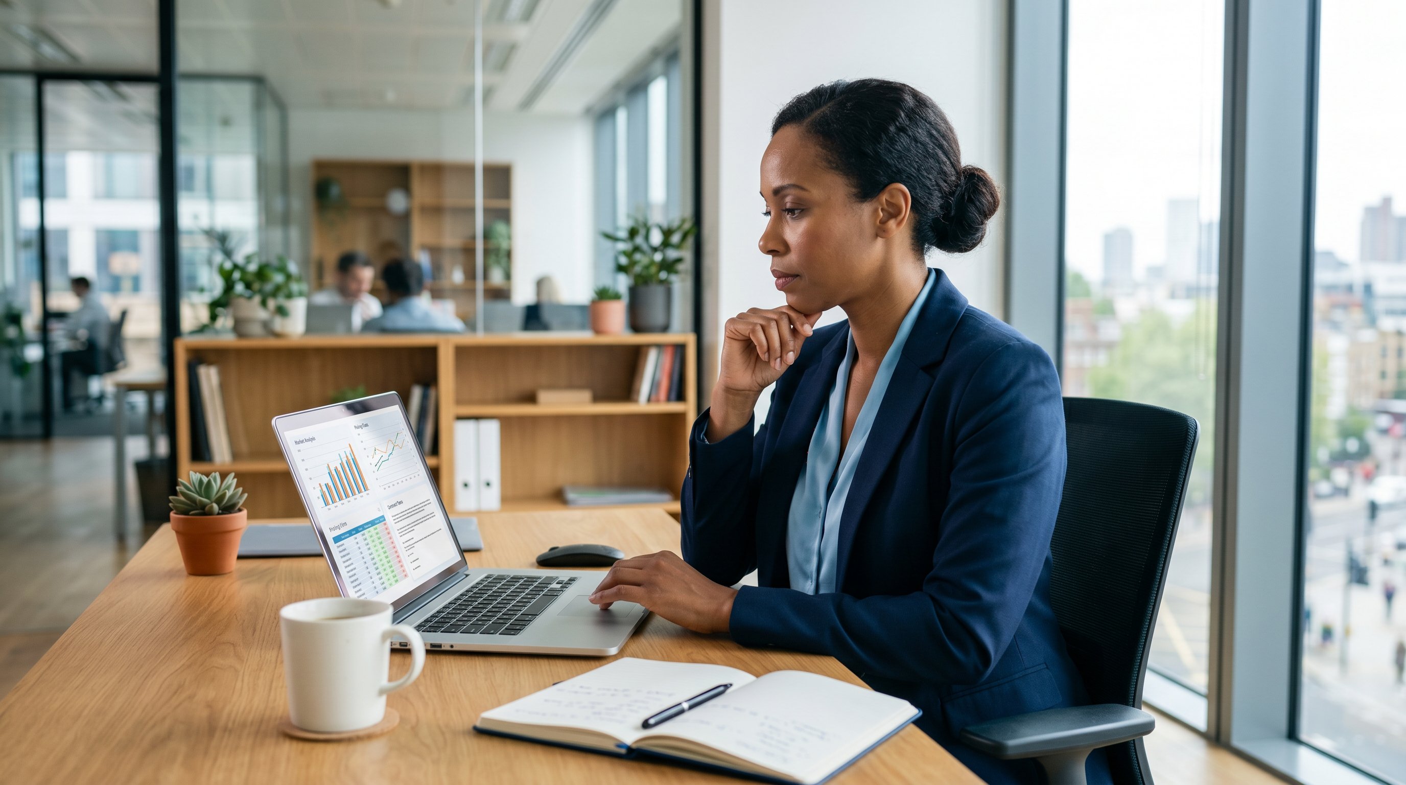 Business owner reviewing SEO agency pricing proposals on a laptop at a desk