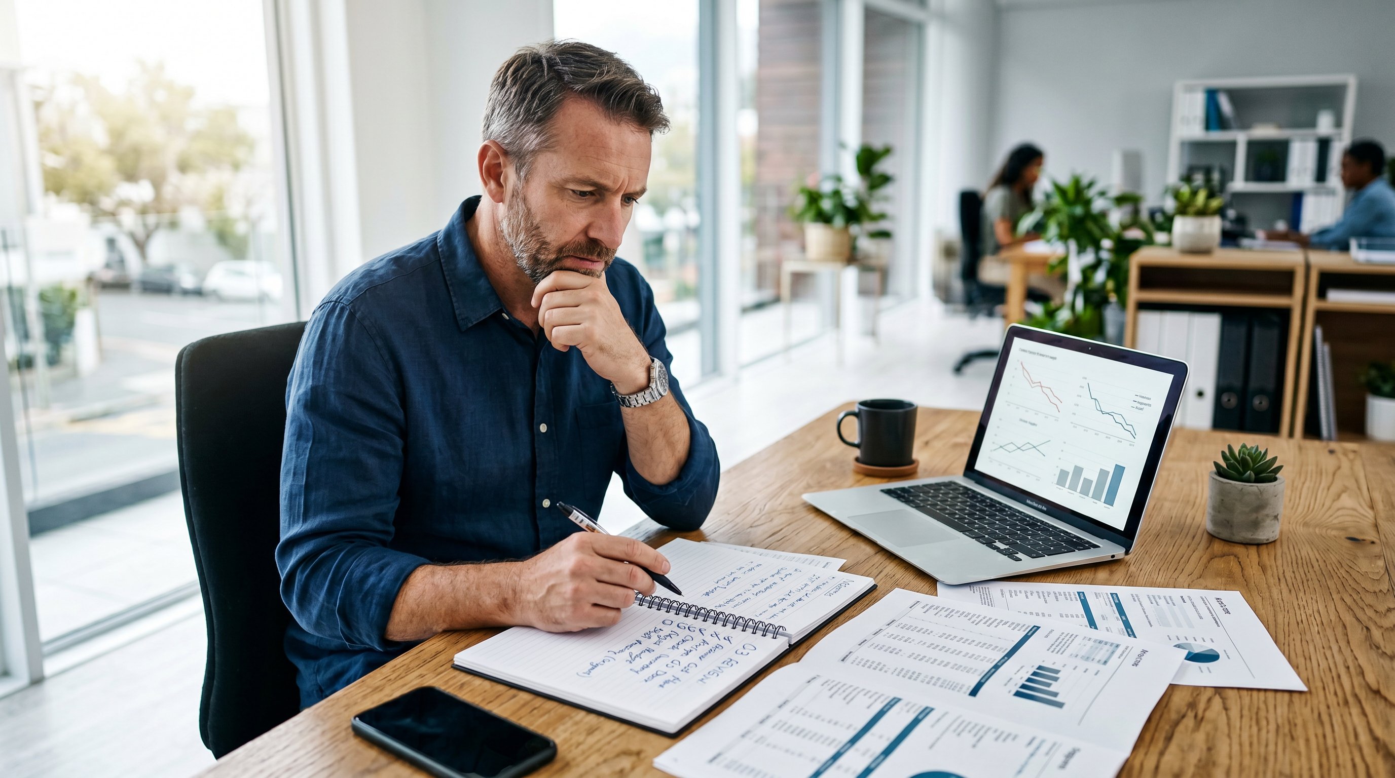 A business owner reviewing SEO reports on a laptop in a modern office