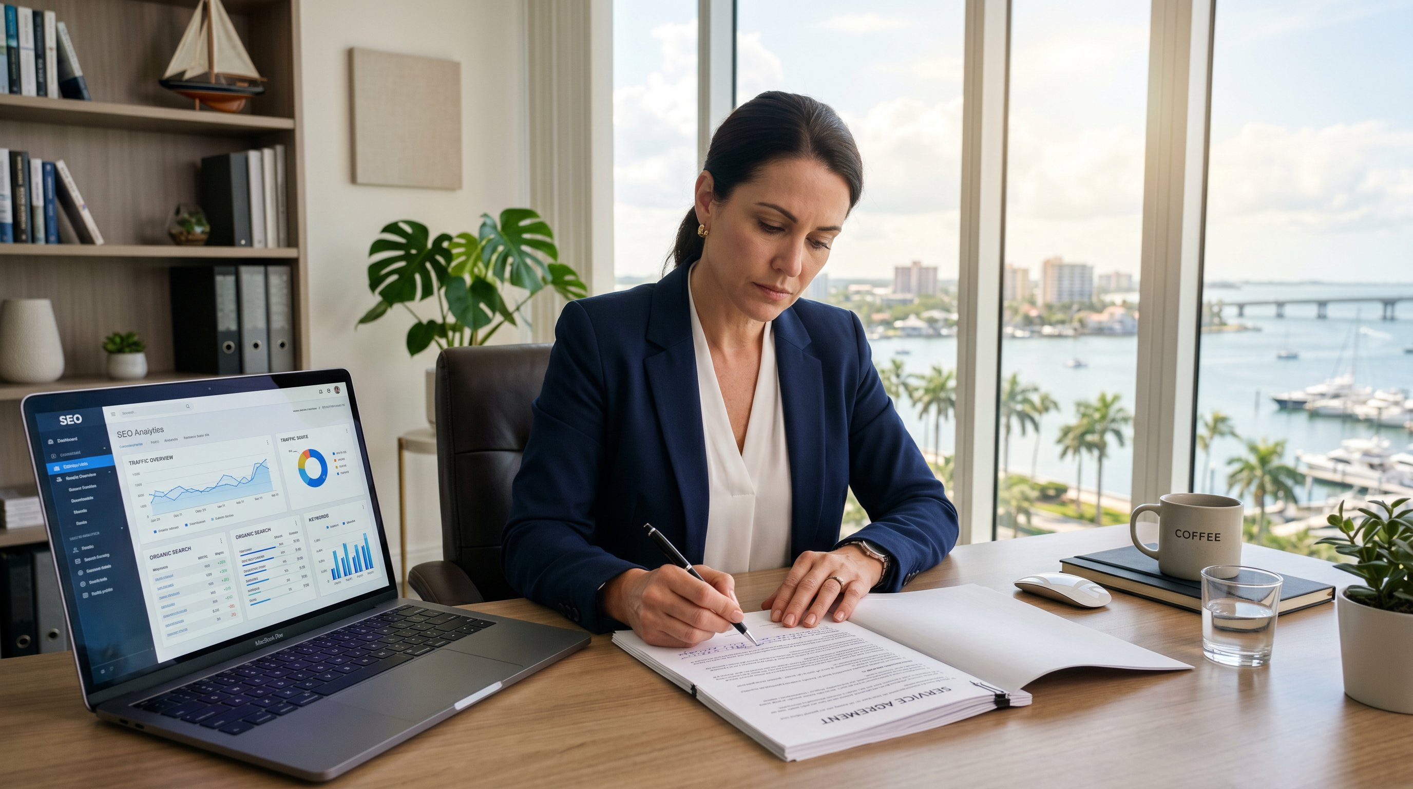 St. Augustine business owner reviewing an SEO contract with caution, red warning signs concept in a professional office