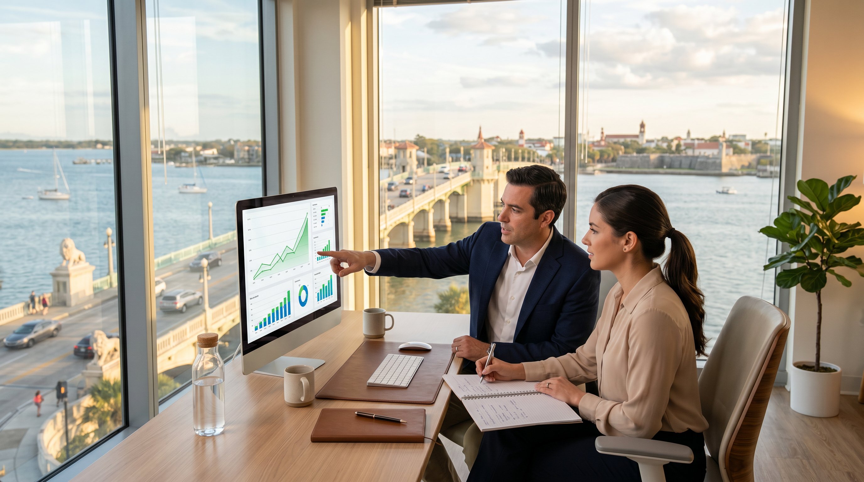 SEO agency team reviewing analytics dashboard with St. Augustine Bridge of Lions visible through office window
